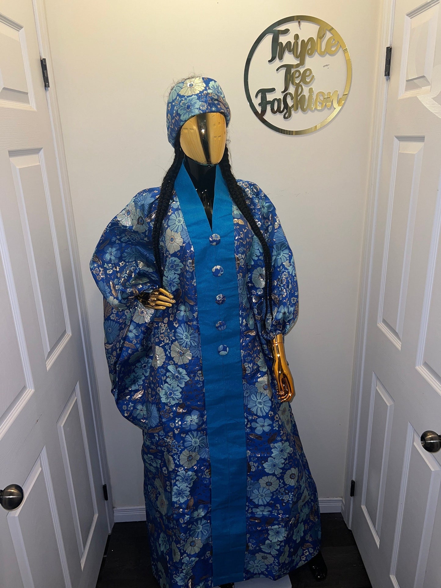 Floral Brocade Boubou Dress with Scarf | African Kaftan Jalabiya