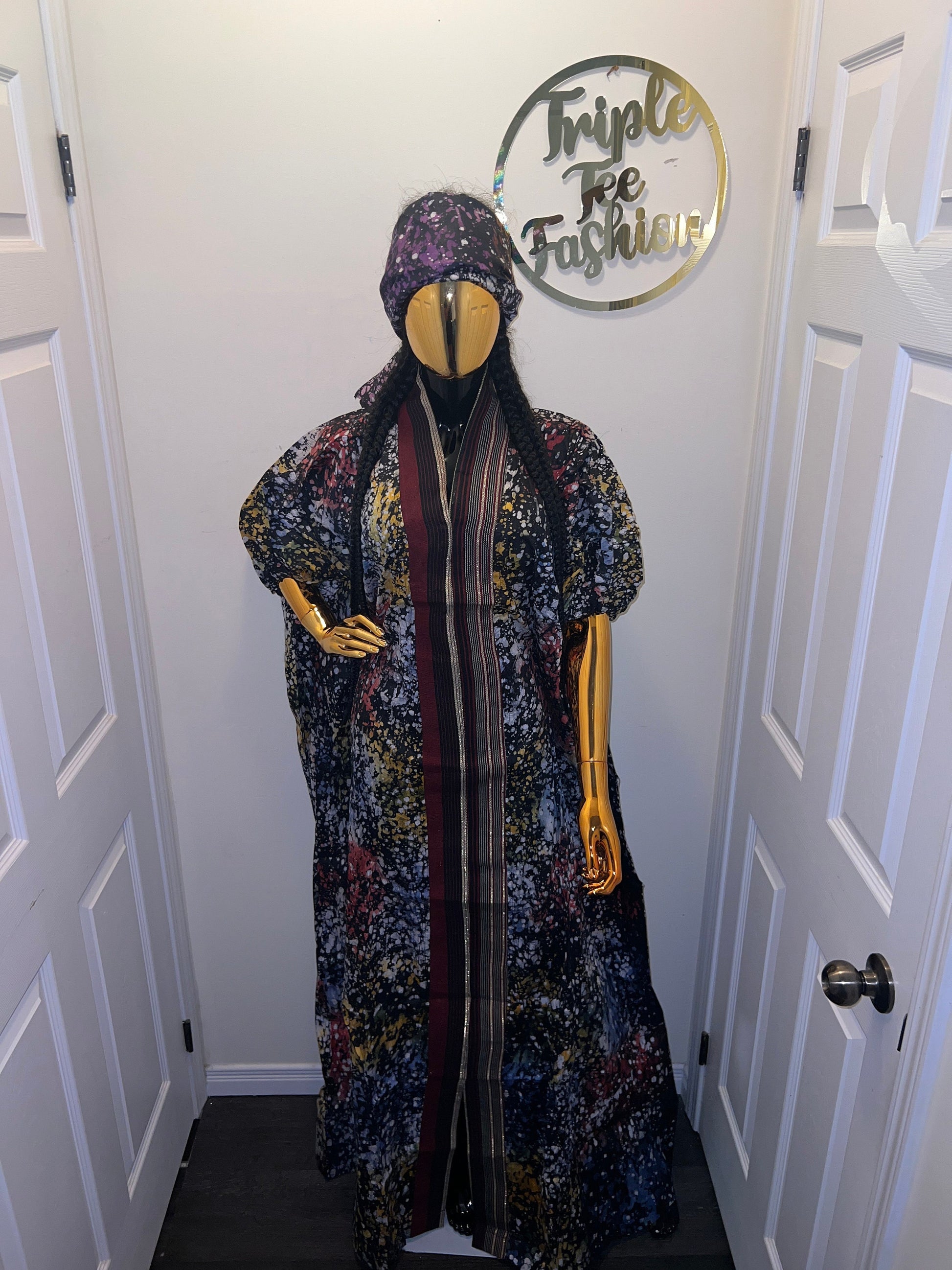 African Adire Batik Boubou Dress | Handmade Cotton Kaftan with Inner Belt
