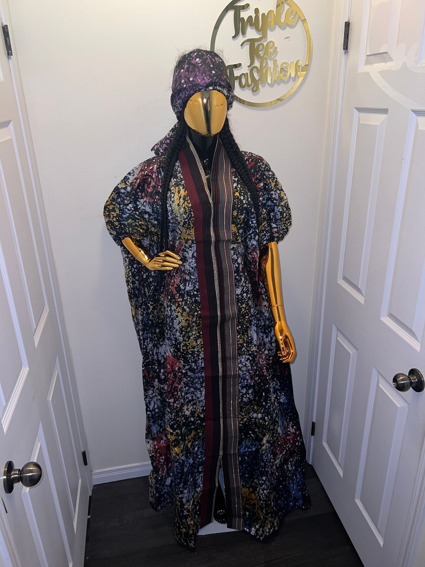 African Adire Batik Boubou Dress | Handmade Cotton Kaftan with Inner Belt