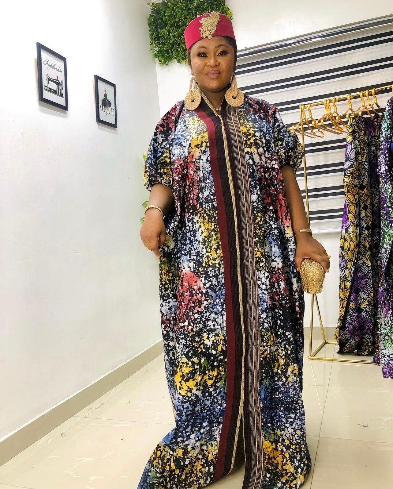 African Adire Batik Boubou Dress | Handmade Cotton Kaftan with Inner Belt