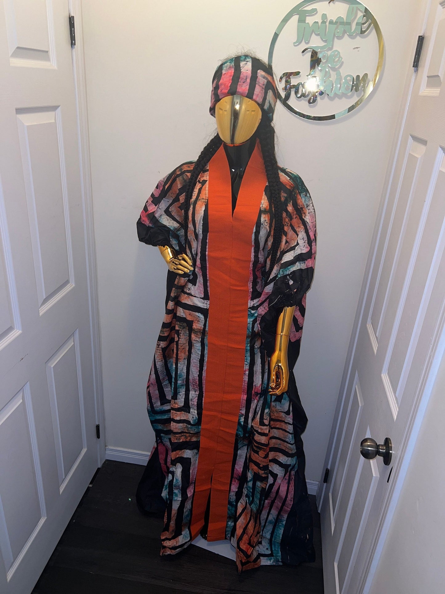 African Adire Batik Boubou Dress | Handmade Kaftan with Inner Belt