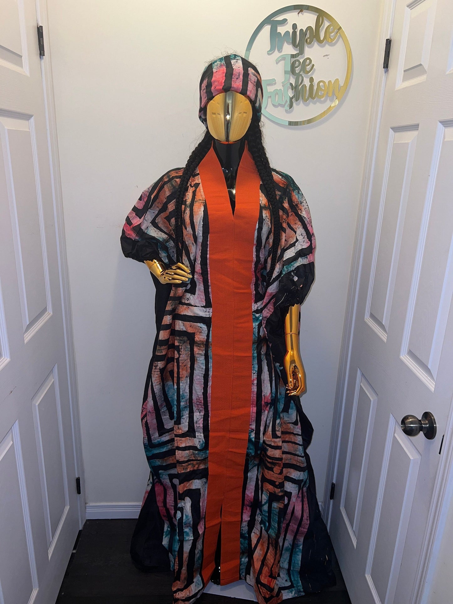 African Adire Batik Boubou Dress | Handmade Kaftan with Inner Belt