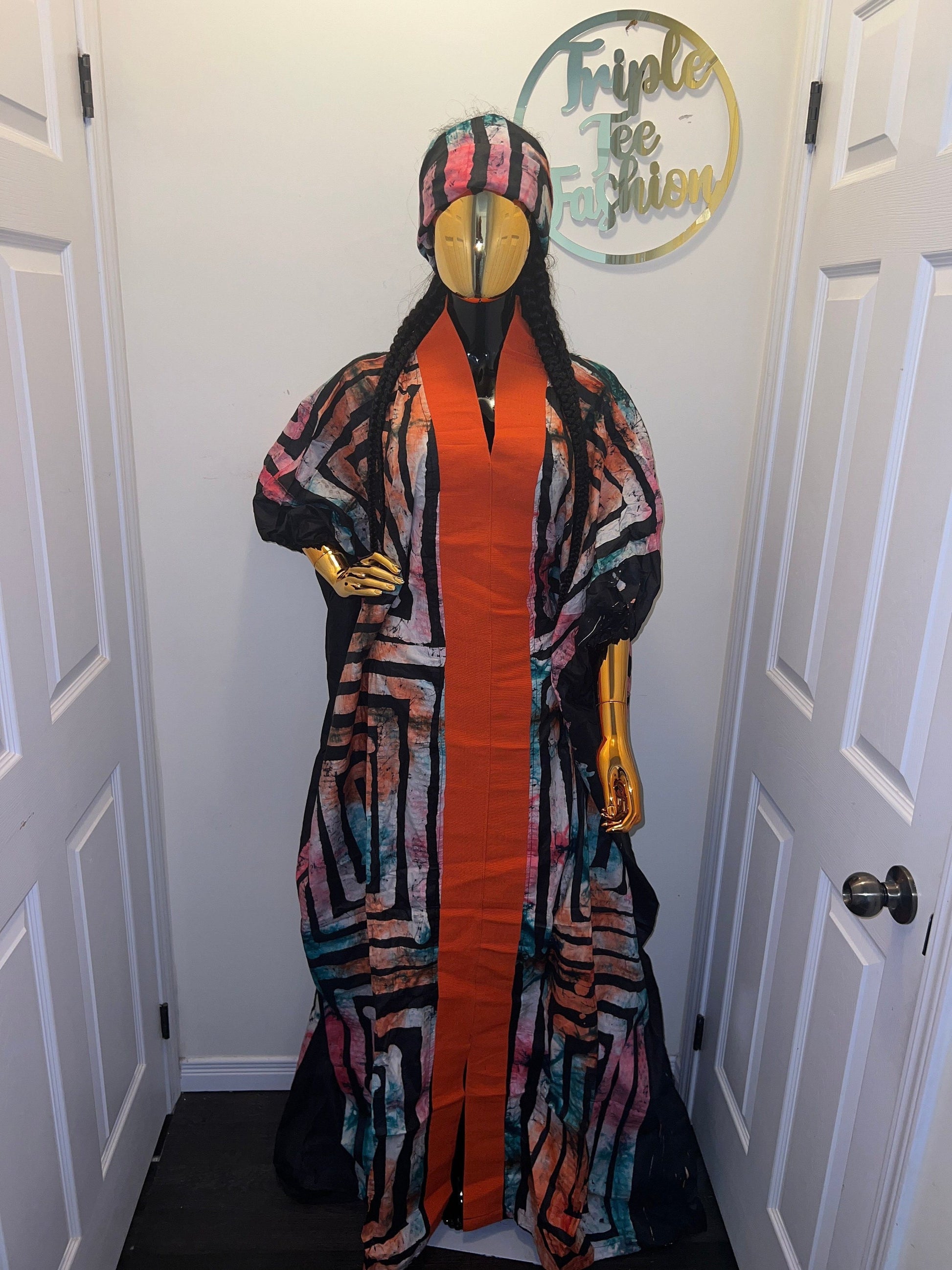 African Adire Batik Boubou Dress | Handmade Kaftan with Inner Belt