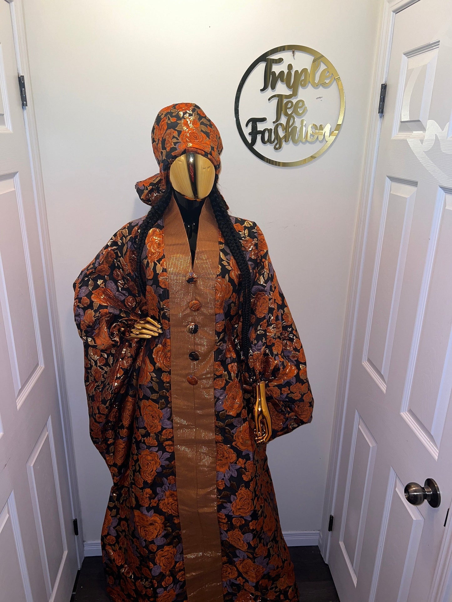 European Brocade Boubou Dress | African Aso Oke Kaftan with Scarf