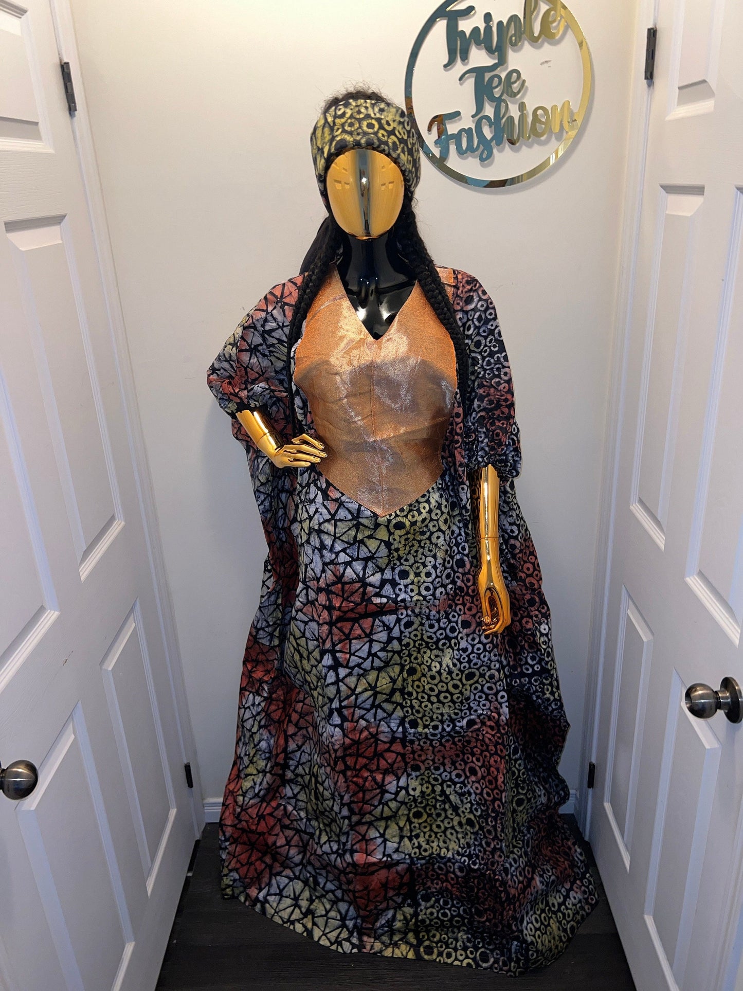 African Adire Batik Boubou Dress | Nigerian Kaftan with Inner Belt