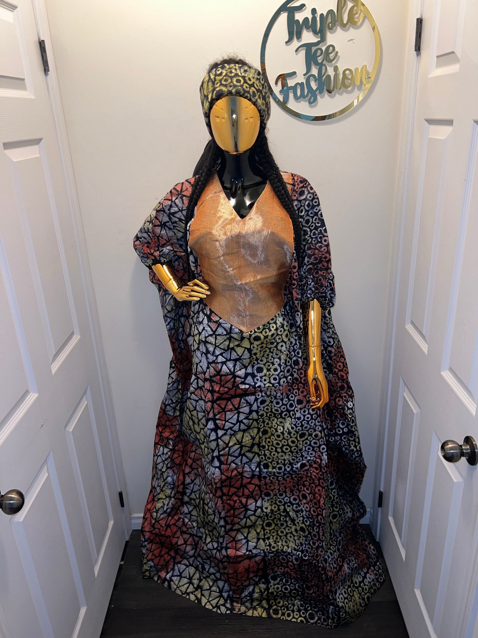 African Adire Batik Boubou Dress | Nigerian Kaftan with Inner Belt