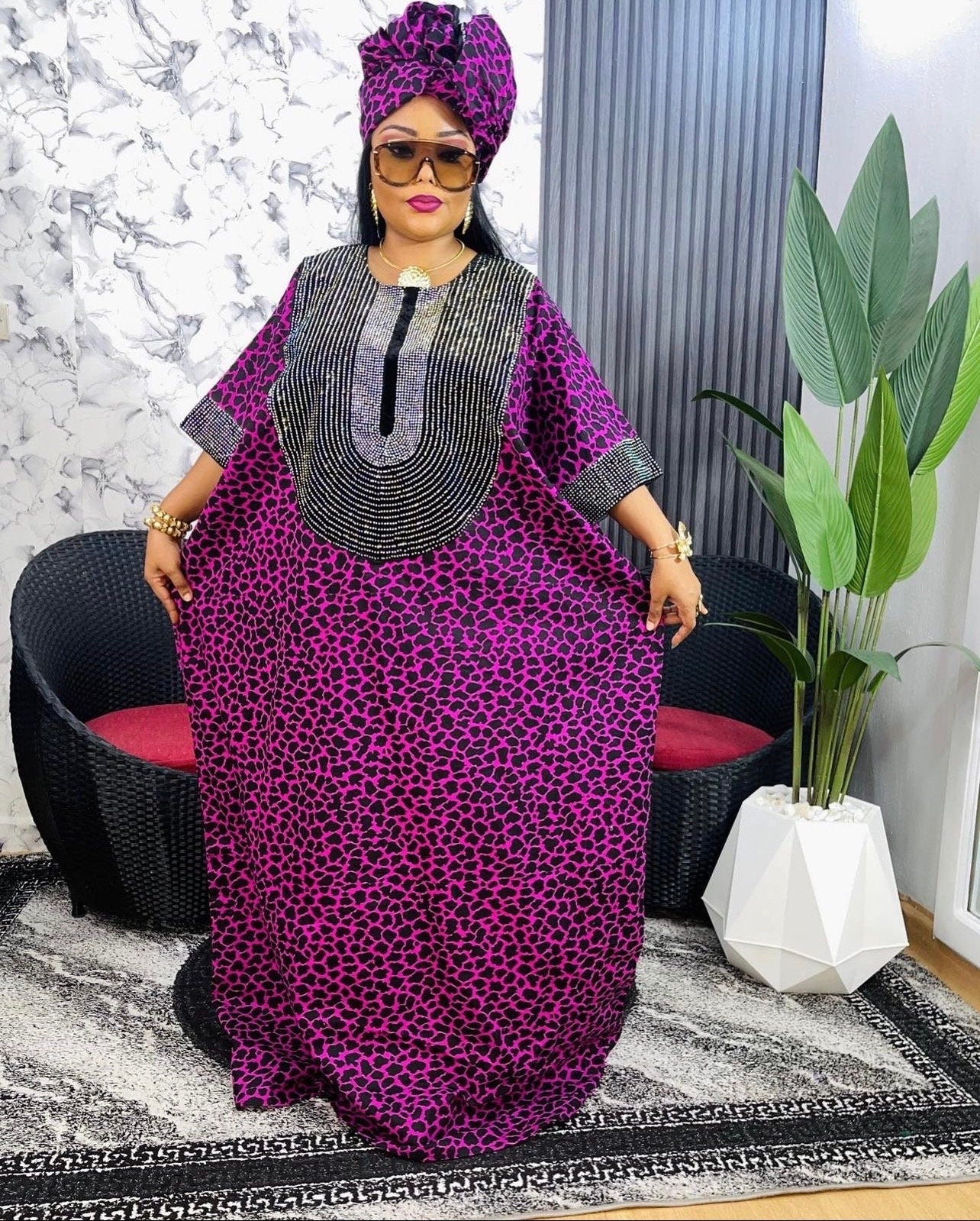 Purple Ankara Maxi Dress with Matching Head Wrap
