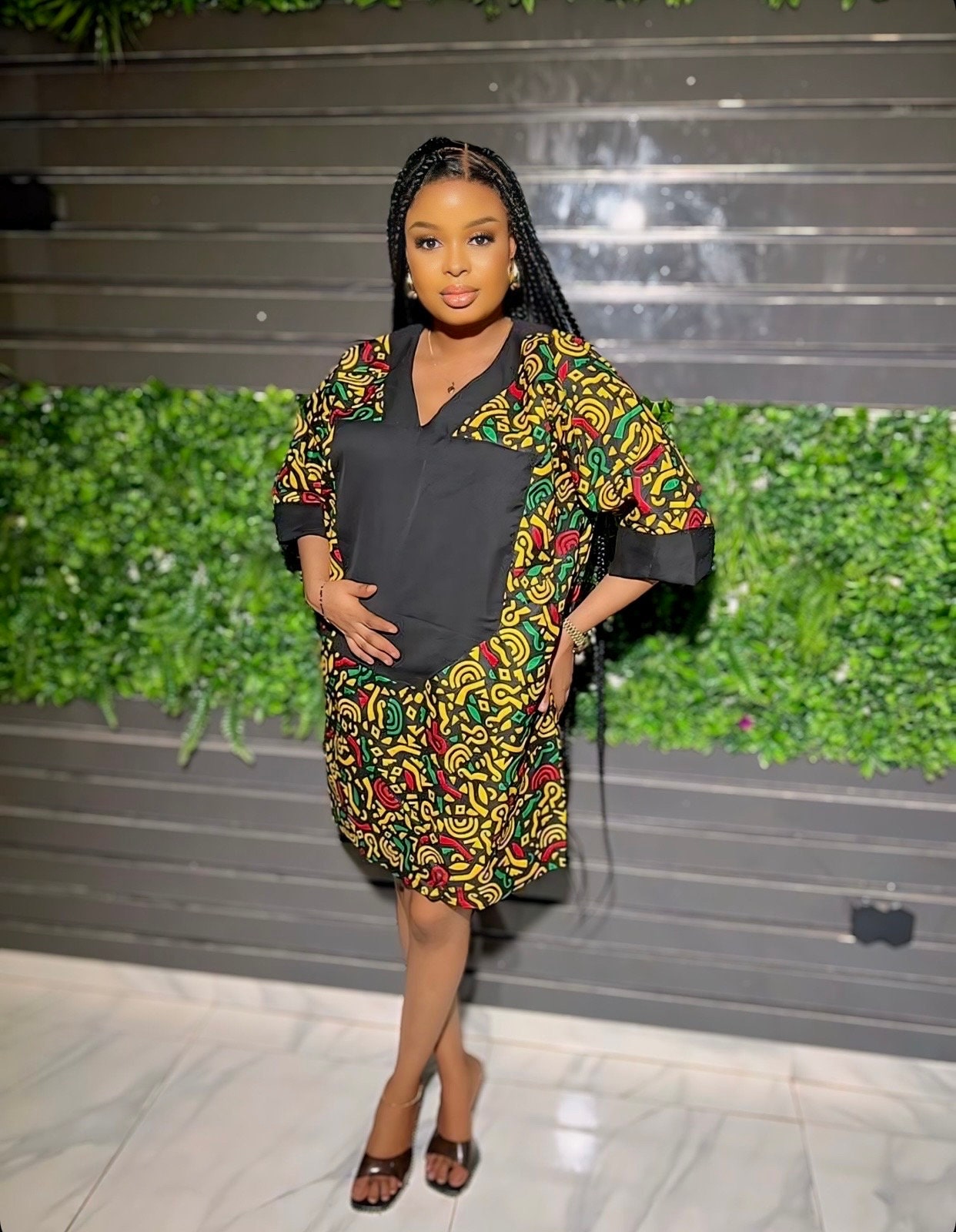 African Ankara Print Mini Dress | Stoned Neck Design, Cotton Kaftan
