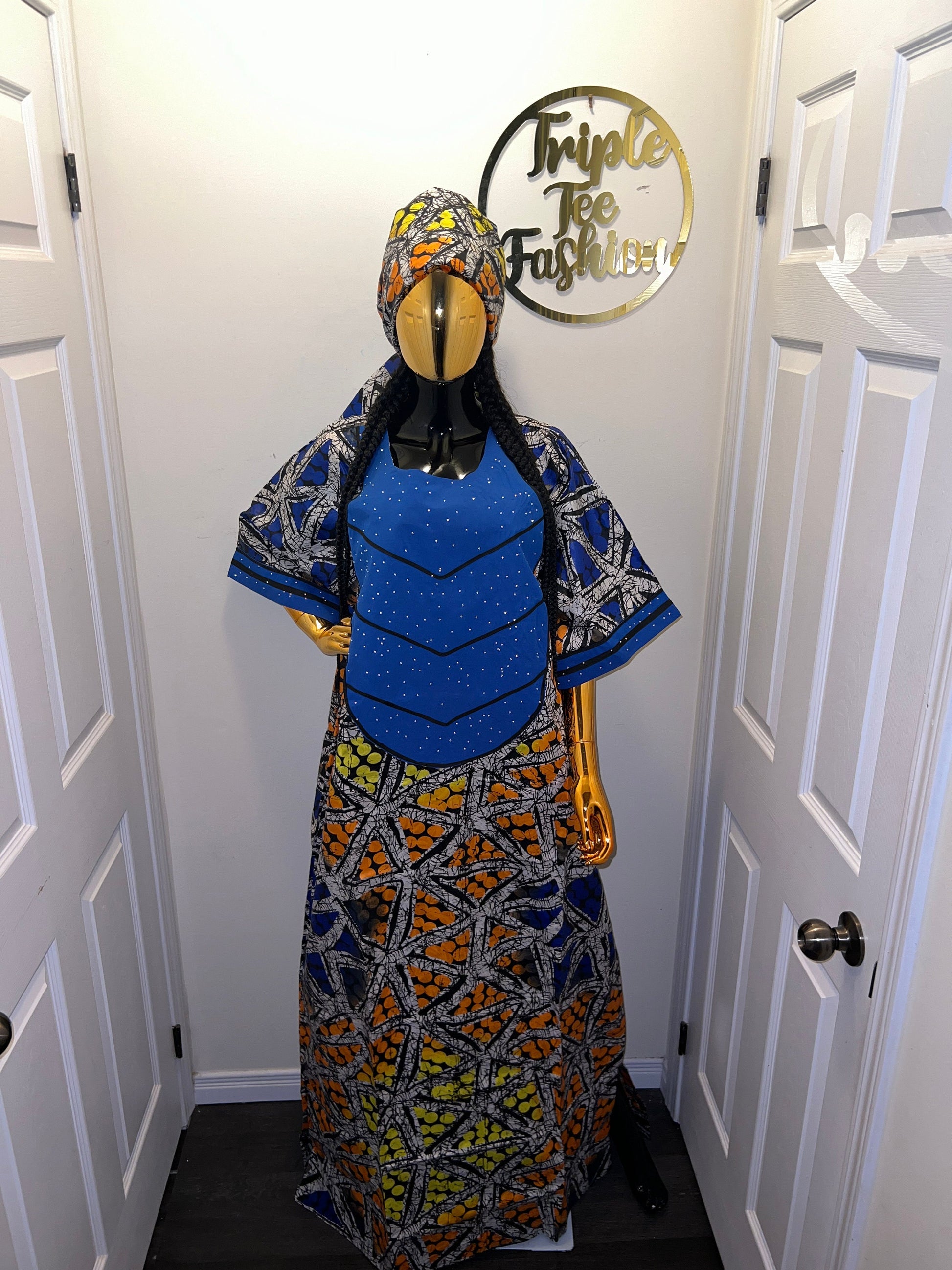 Handmade Adire Brocade Kaftan Dress | Nigerian Print Boubou