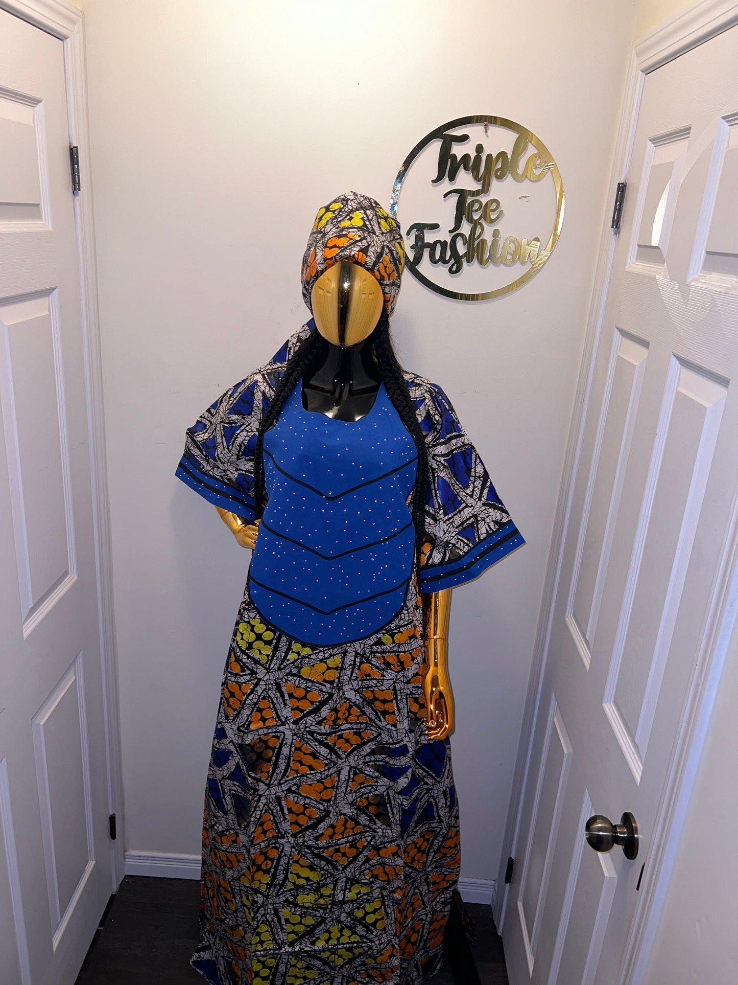 Handmade Adire Brocade Kaftan Dress | Nigerian Print Boubou