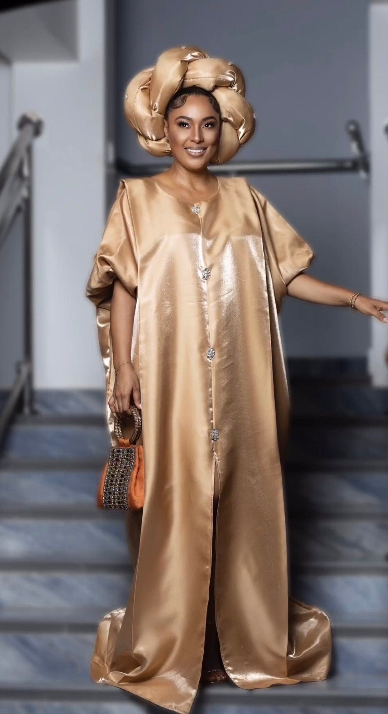 Liquid Mikado Silk Boubou | African Kaftan Dress with Headband