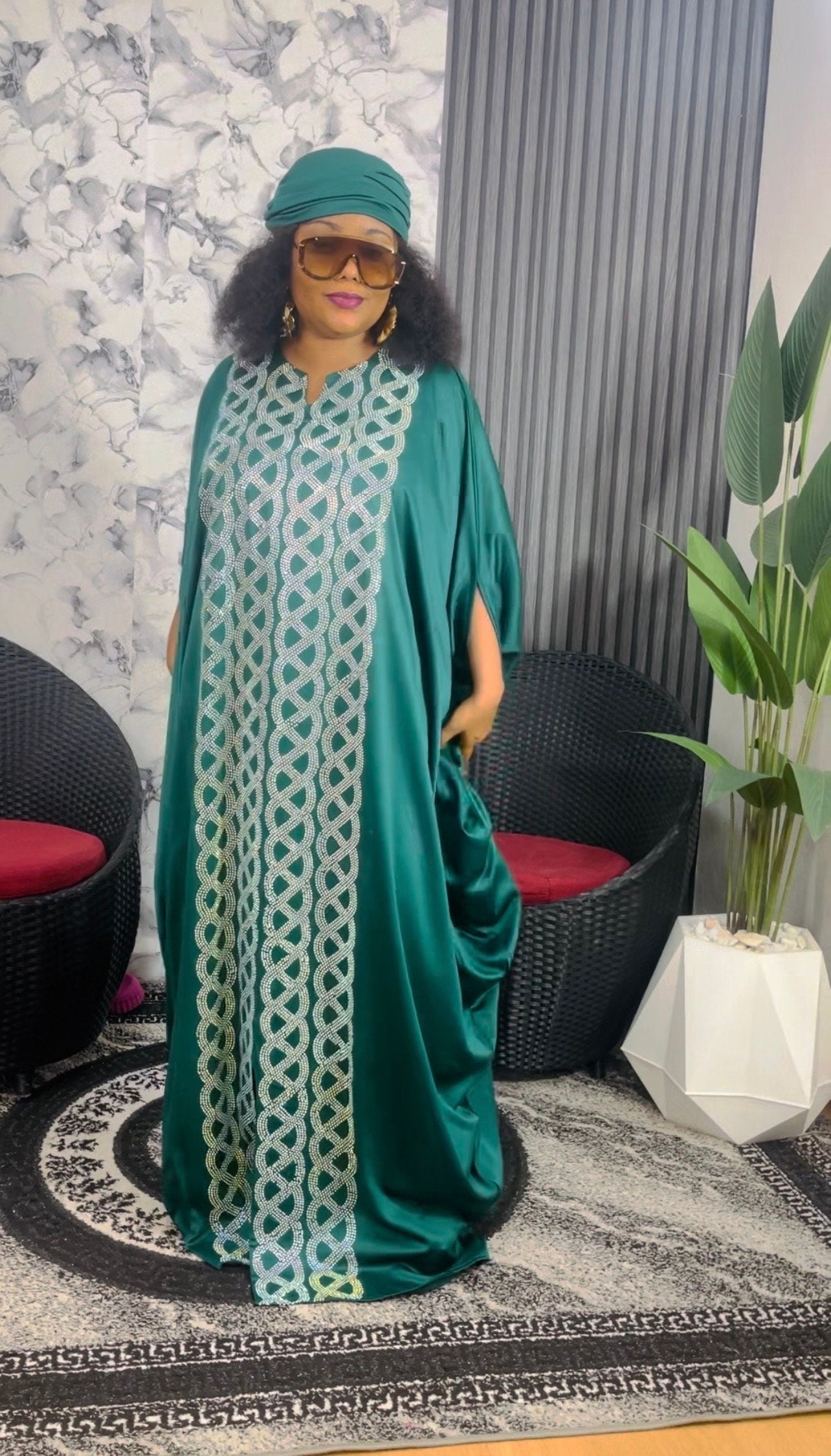 Emerald Green Duchess Silk Boubou: Crystal Patterned African Kaftan
