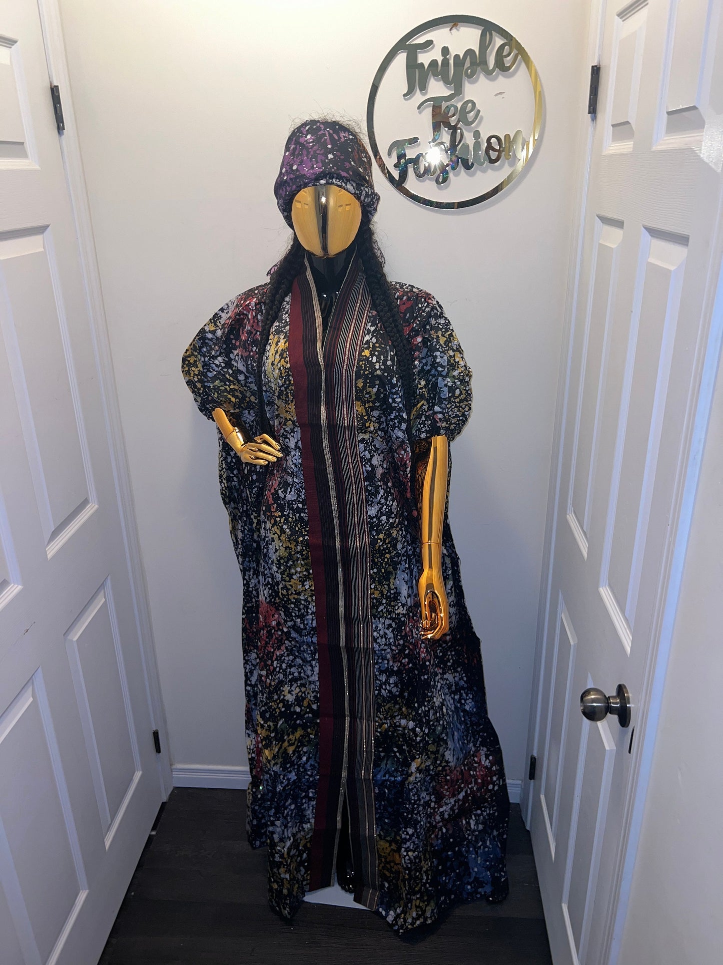 African Adire Batik Boubou Dress | Handmade Cotton Kaftan with Inner Belt