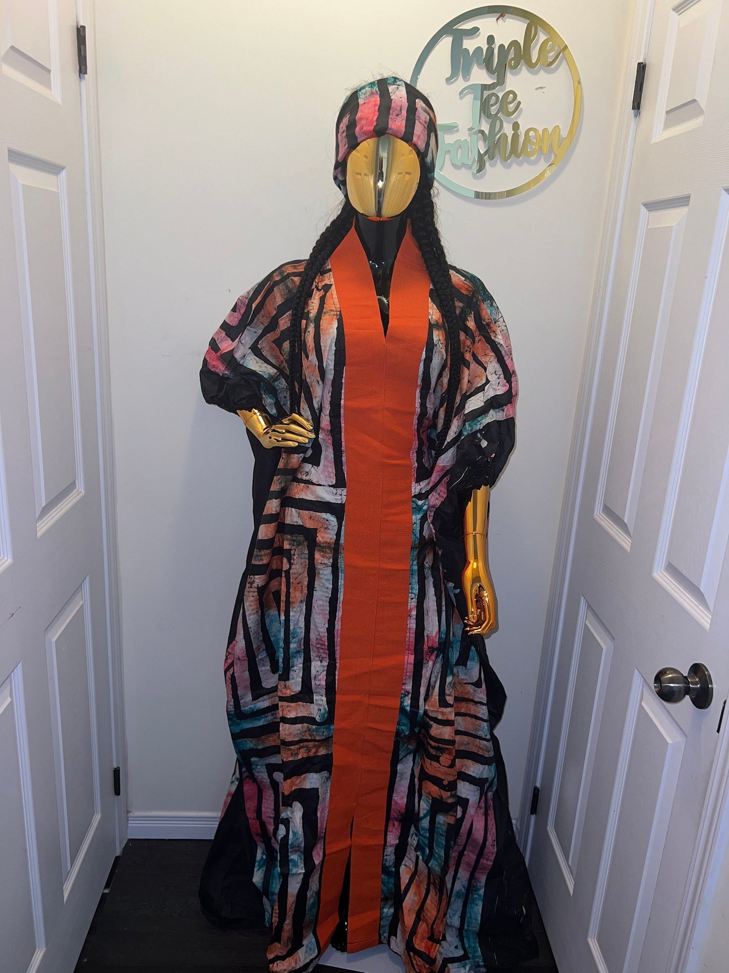 African Adire Batik Boubou Dress | Handmade Kaftan with Inner Belt