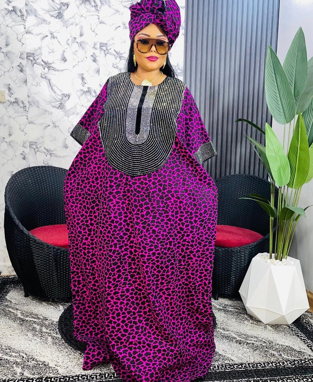 Purple Ankara Maxi Dress with Matching Head Wrap