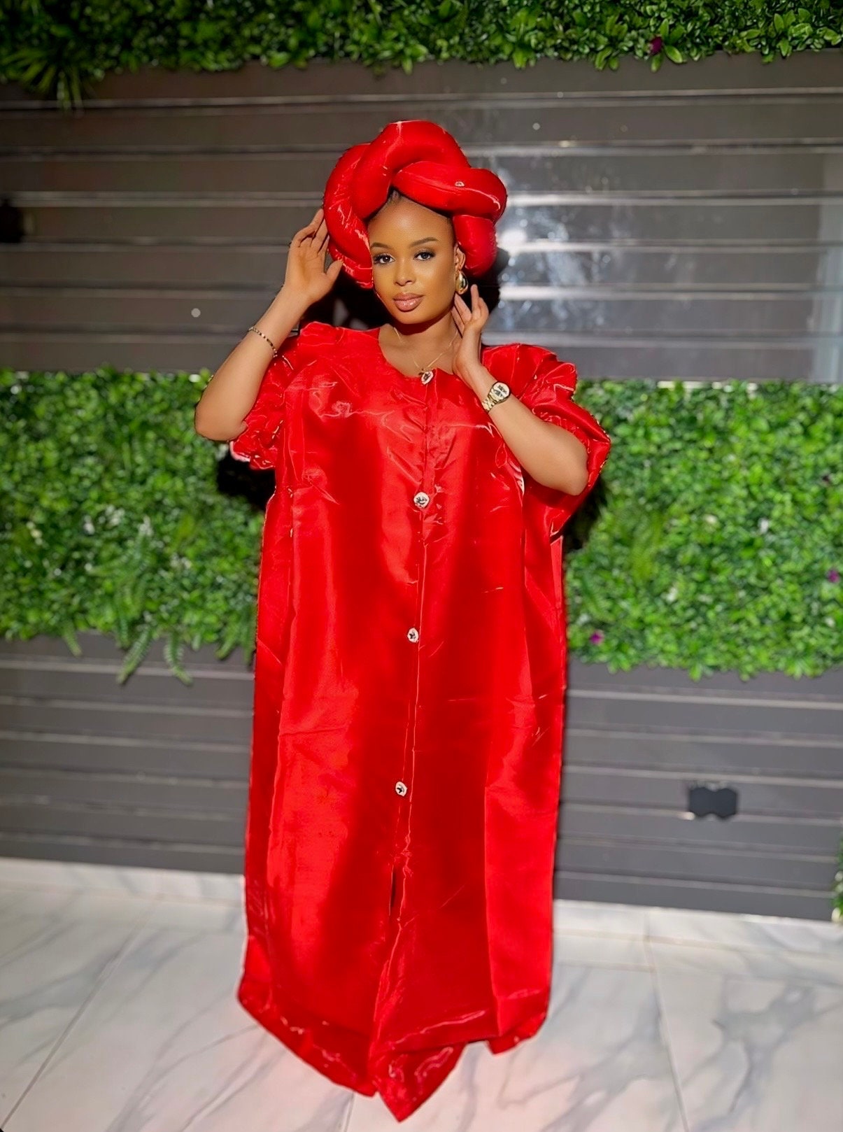 African Liquid Mikado Silk Kaftan | Boubou Dress with Headband