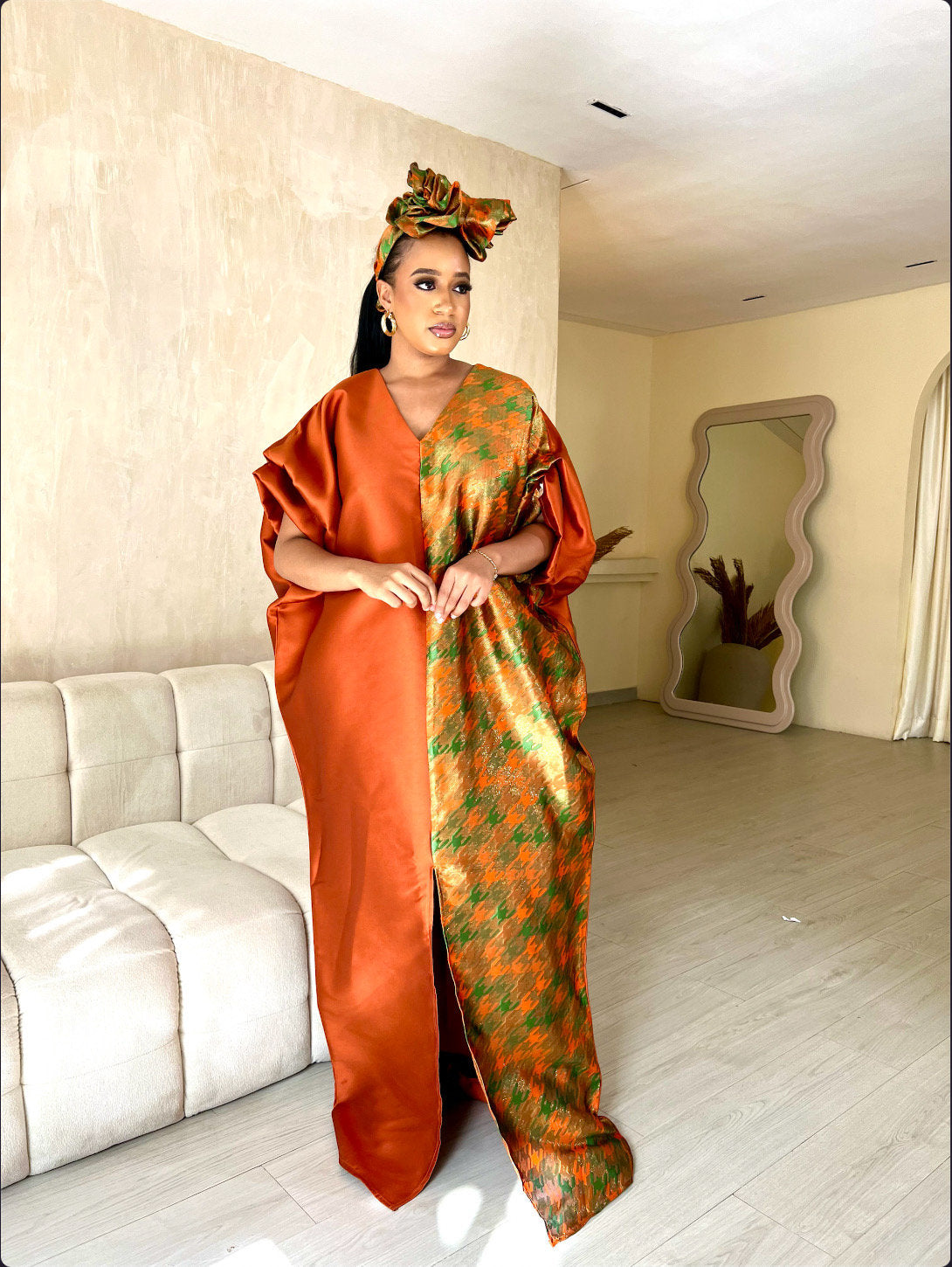 Mikado Brocade Boubou Kaftan | African Maxi Dress with Scarf