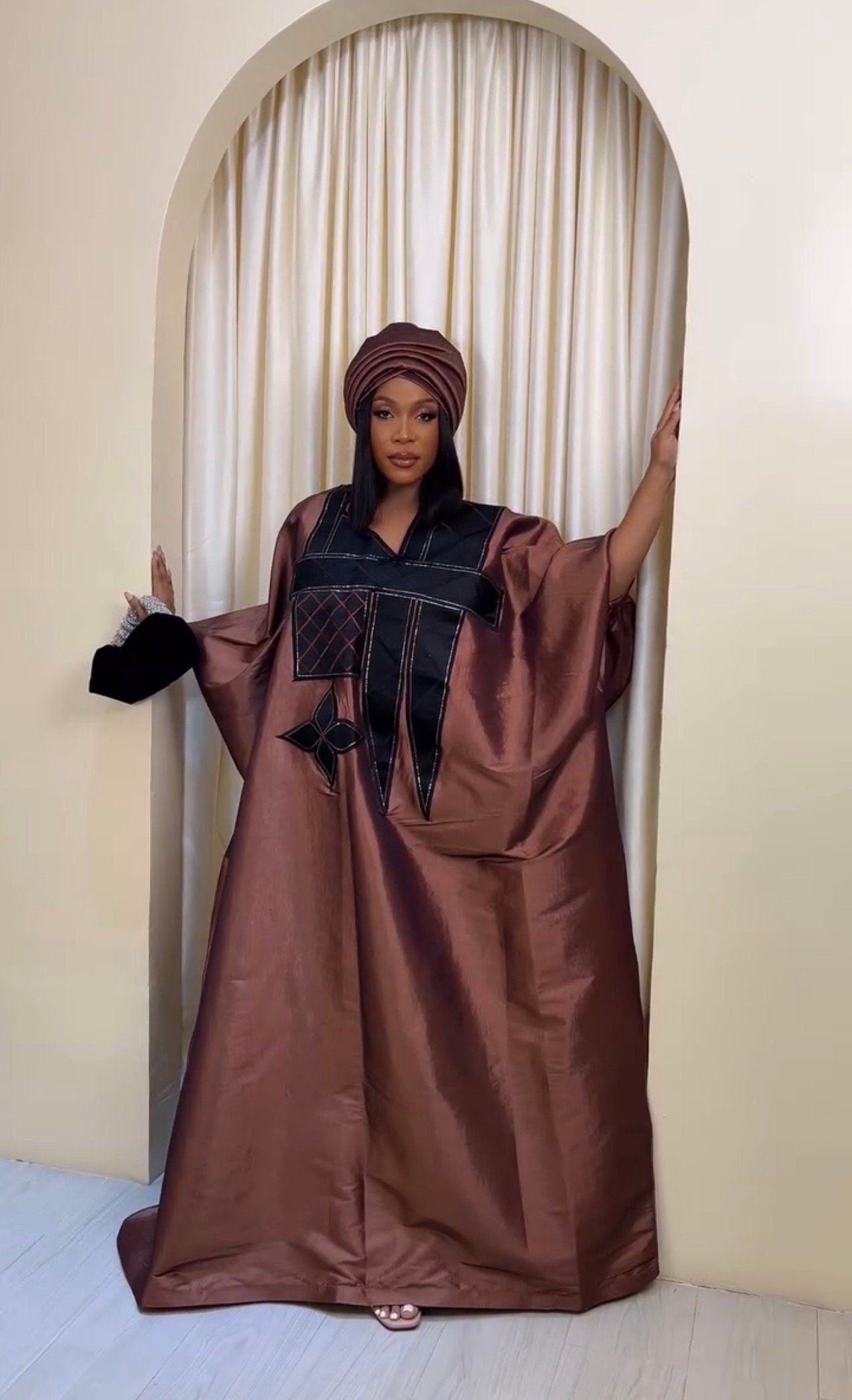 Embroidered Mikado Boubou Kaftan with Turban | African Party Dress