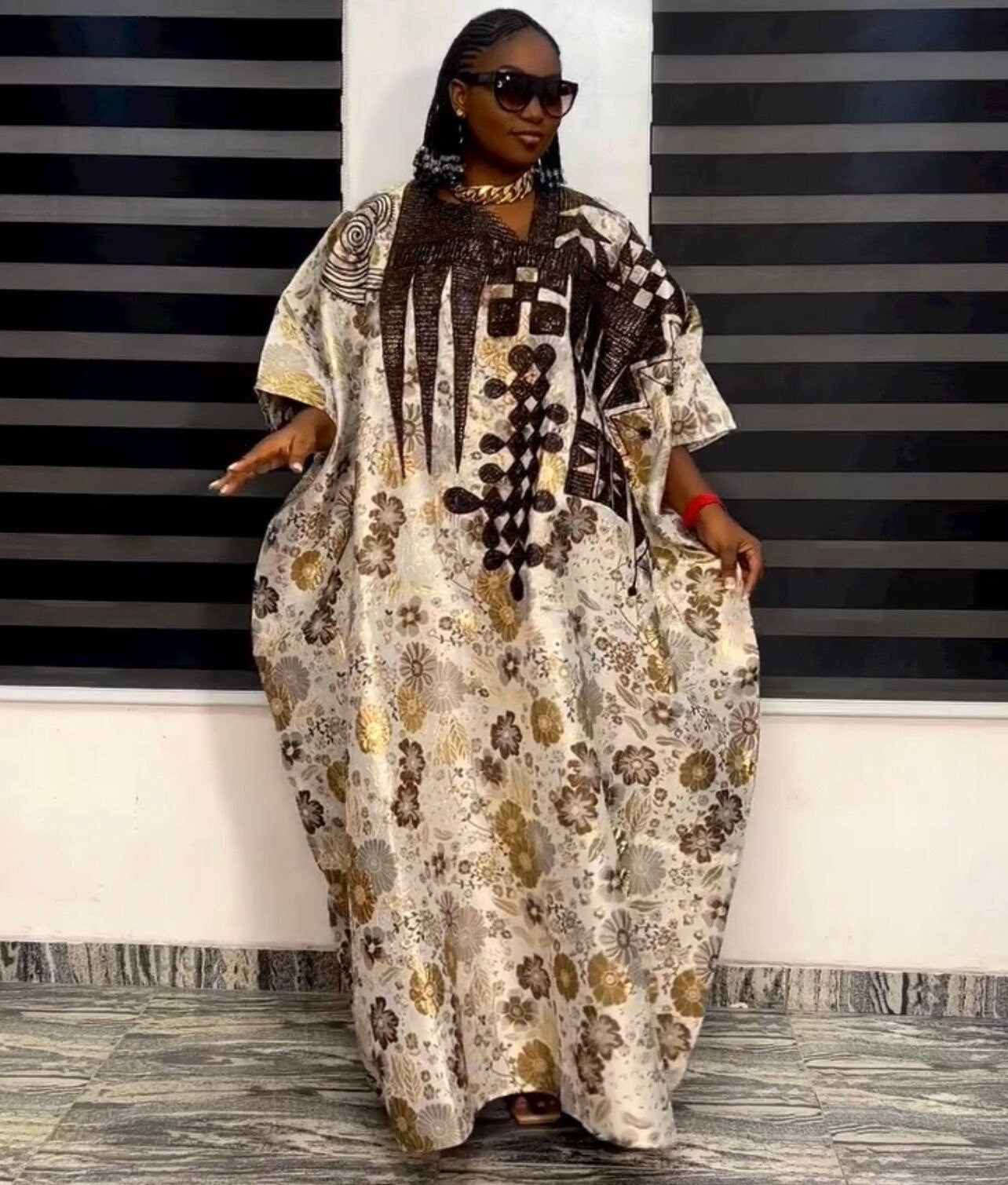 Damask Brocade Agbada Dress with Tinko Embroidery | Matching Headband