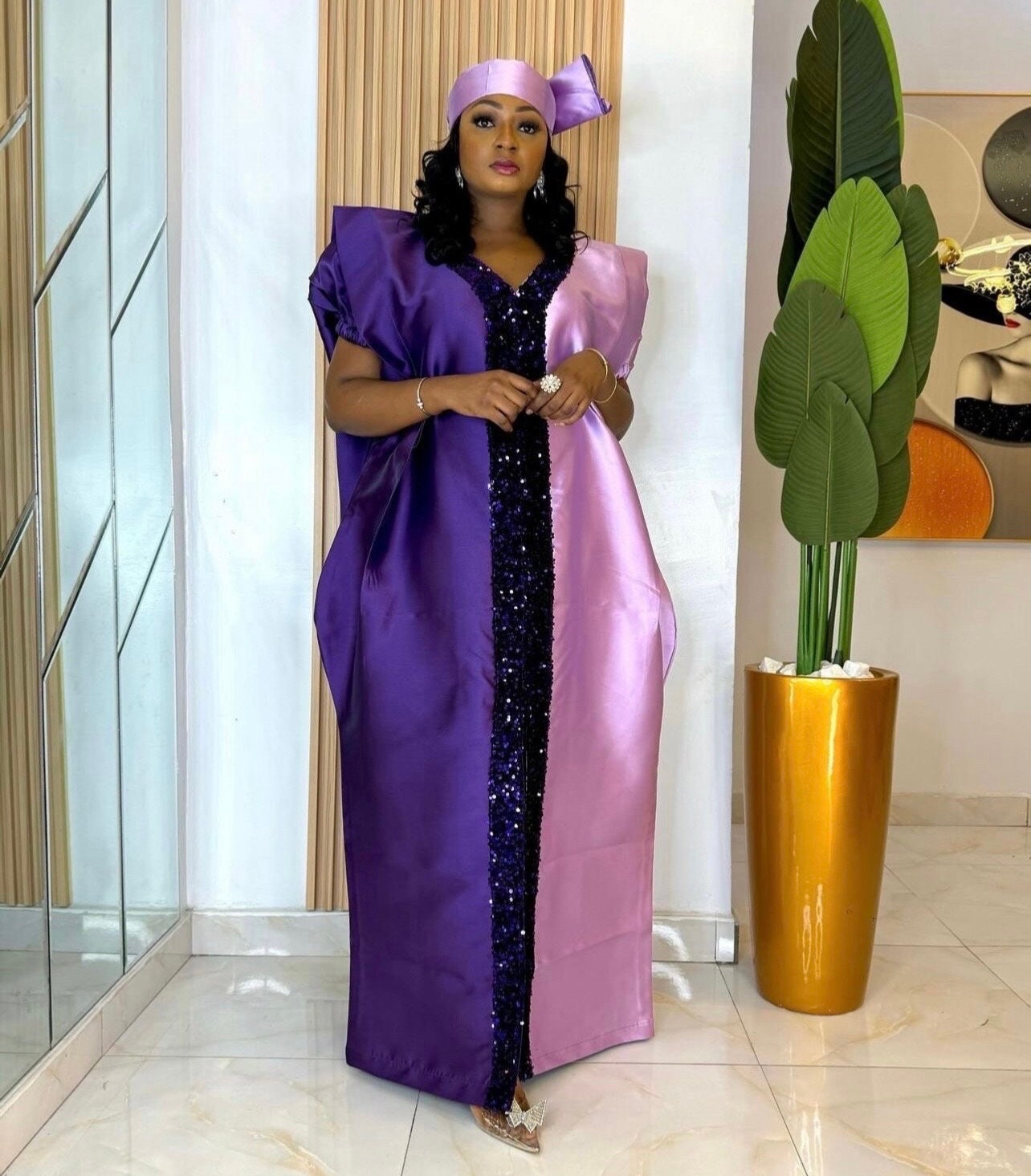 Sequin Mikado Boubou Dress | African Kaftan with Headtie