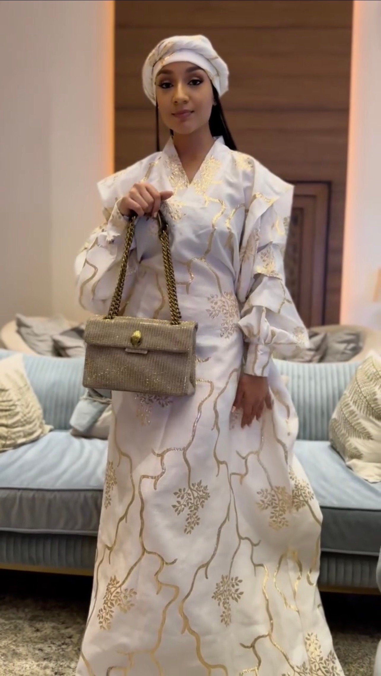 Cream & Gold Brocade Boubou Dress | African Kaftan with Matching Scarf