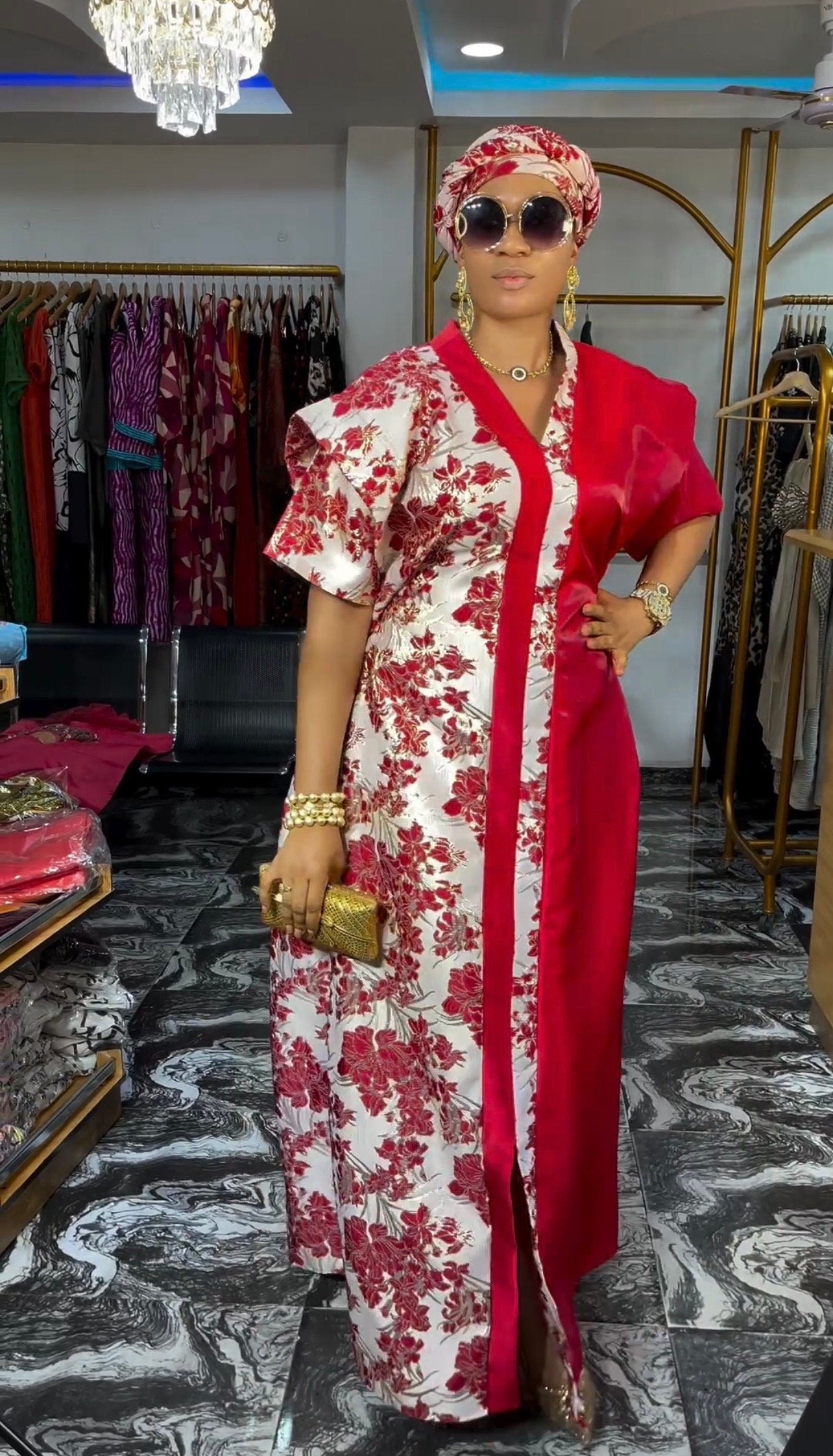 African Mikado Brocade Boubou | Kaftan Dress with Scarf