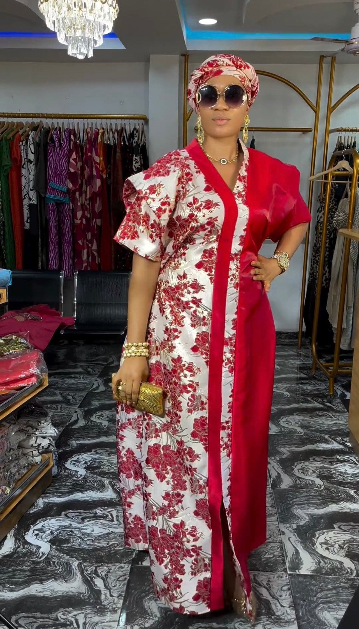 African Mikado Brocade Boubou | Kaftan Dress with Scarf