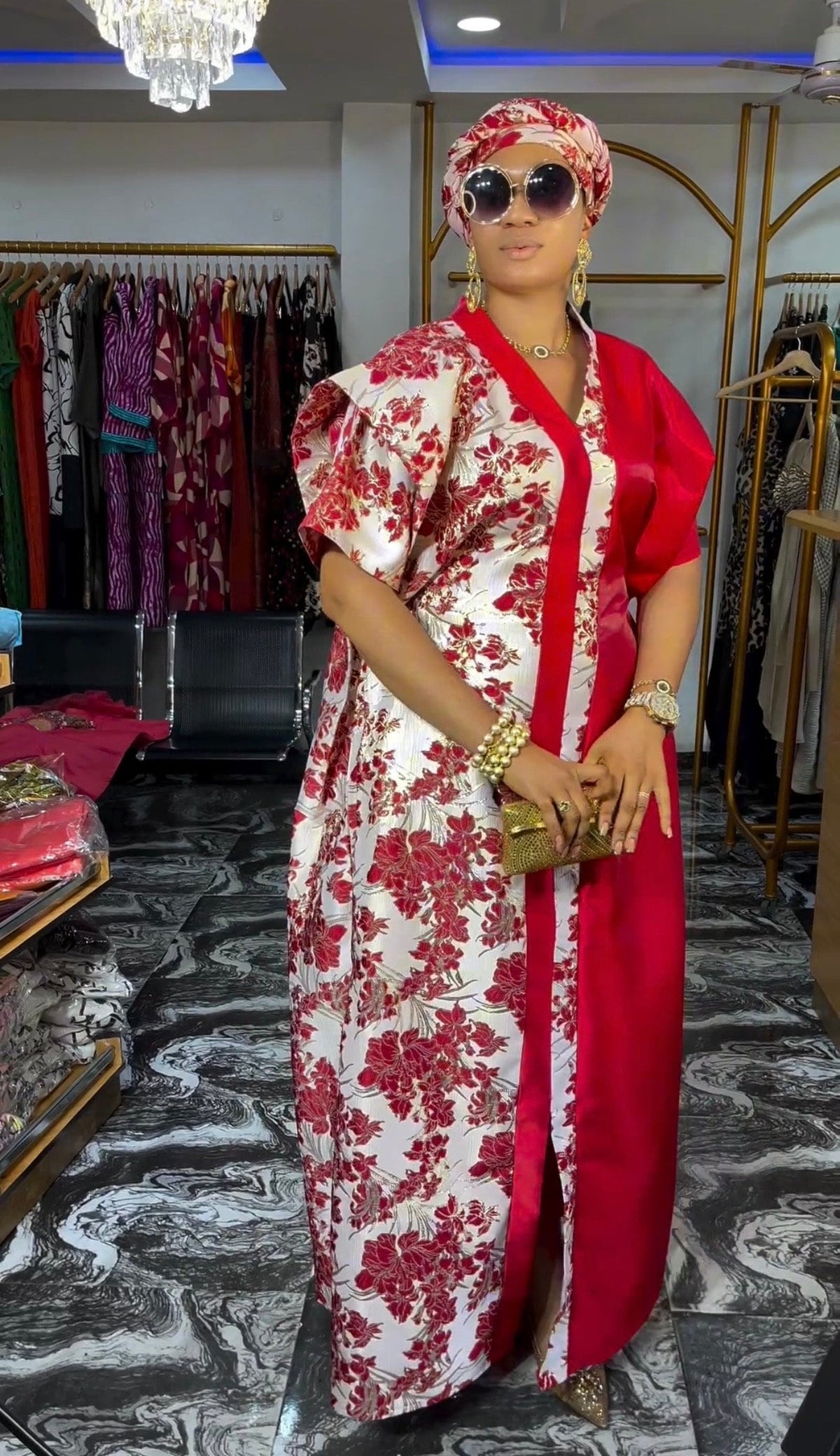 African Mikado Brocade Boubou | Kaftan Dress with Scarf
