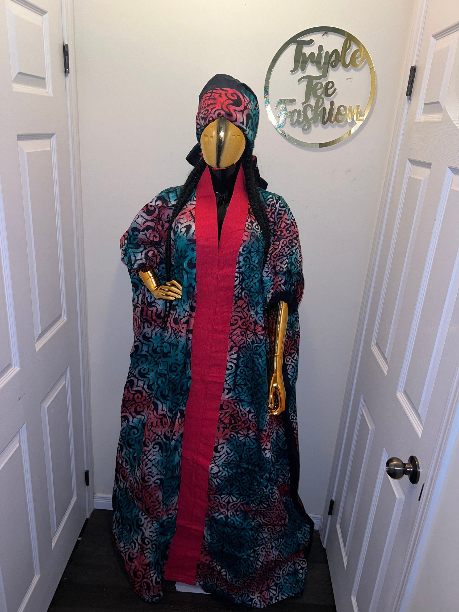 African Adire Batik Boubou Dress | Handmade Kaftan with Inner Belt