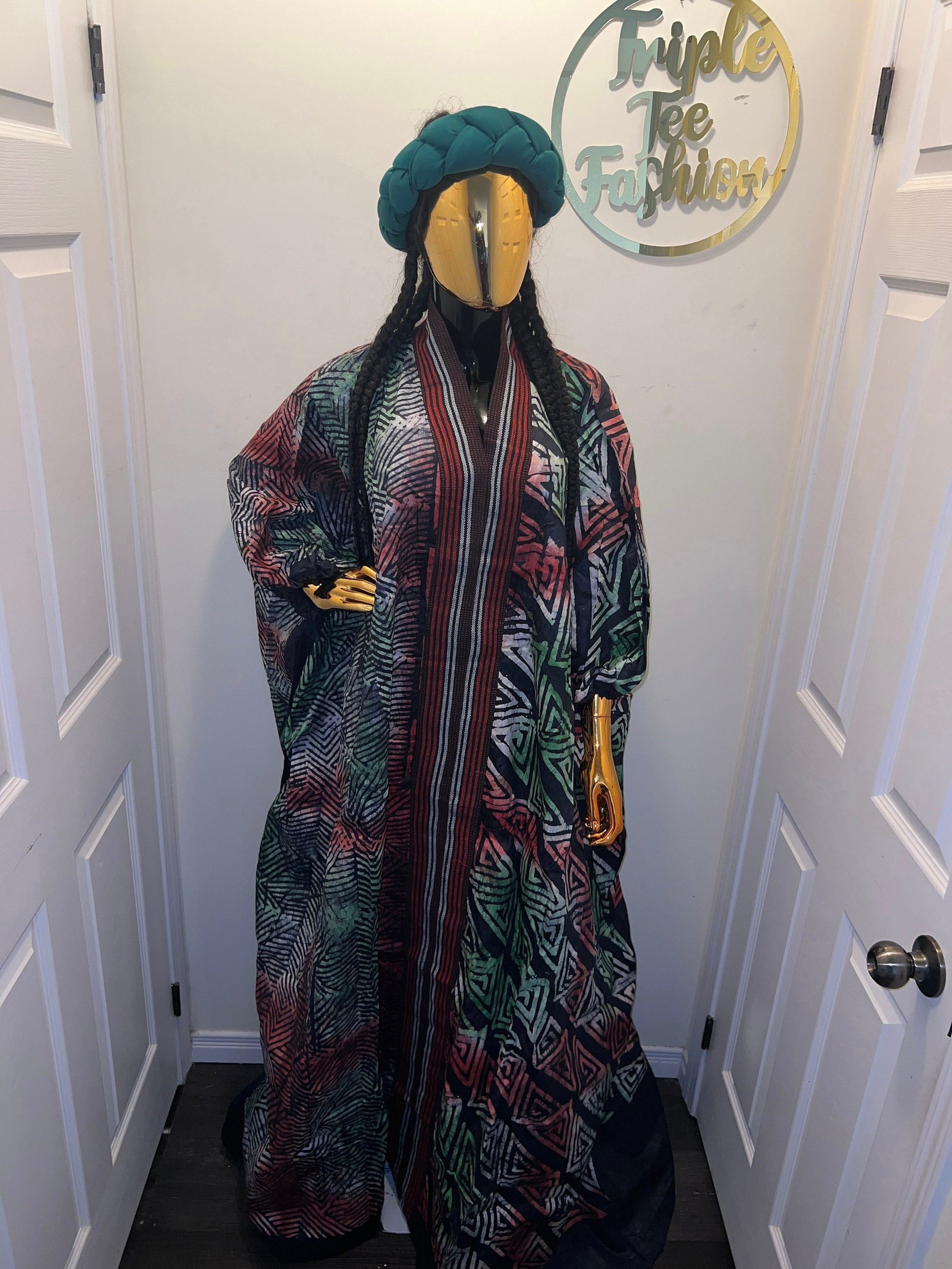 Handmade African Adire Batik Boubou Dress | Matching Headband