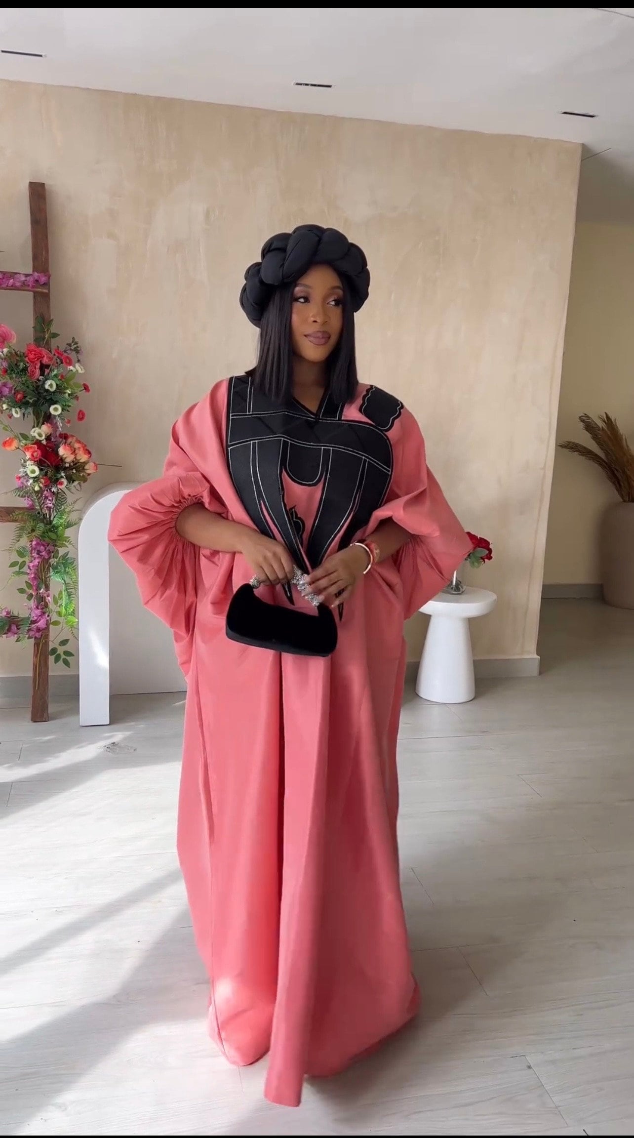 Embroidered Mikado Boubou | African Kaftan Dress with Headband