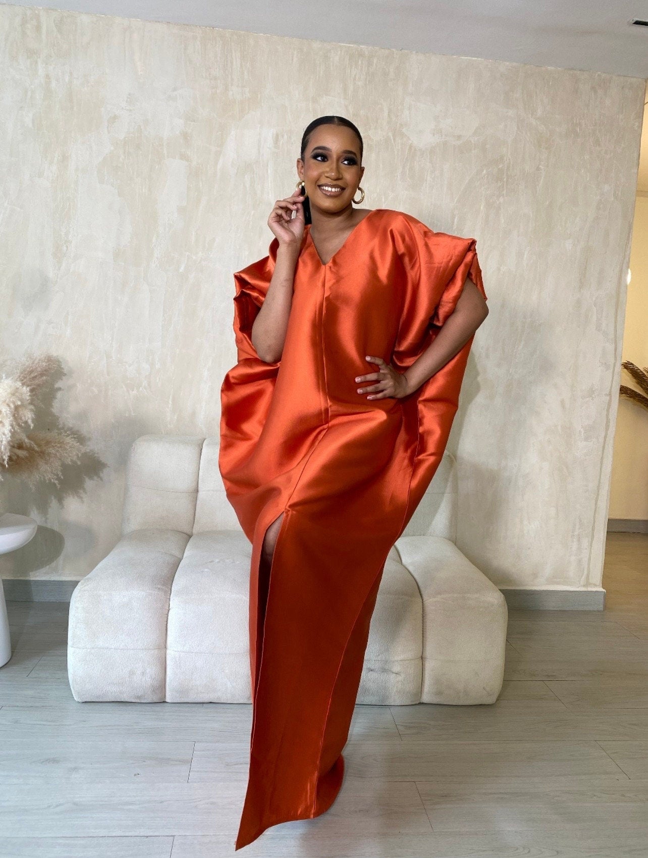 African Mikado Silk Kaftan | Burnt Orange Boubou Dress
