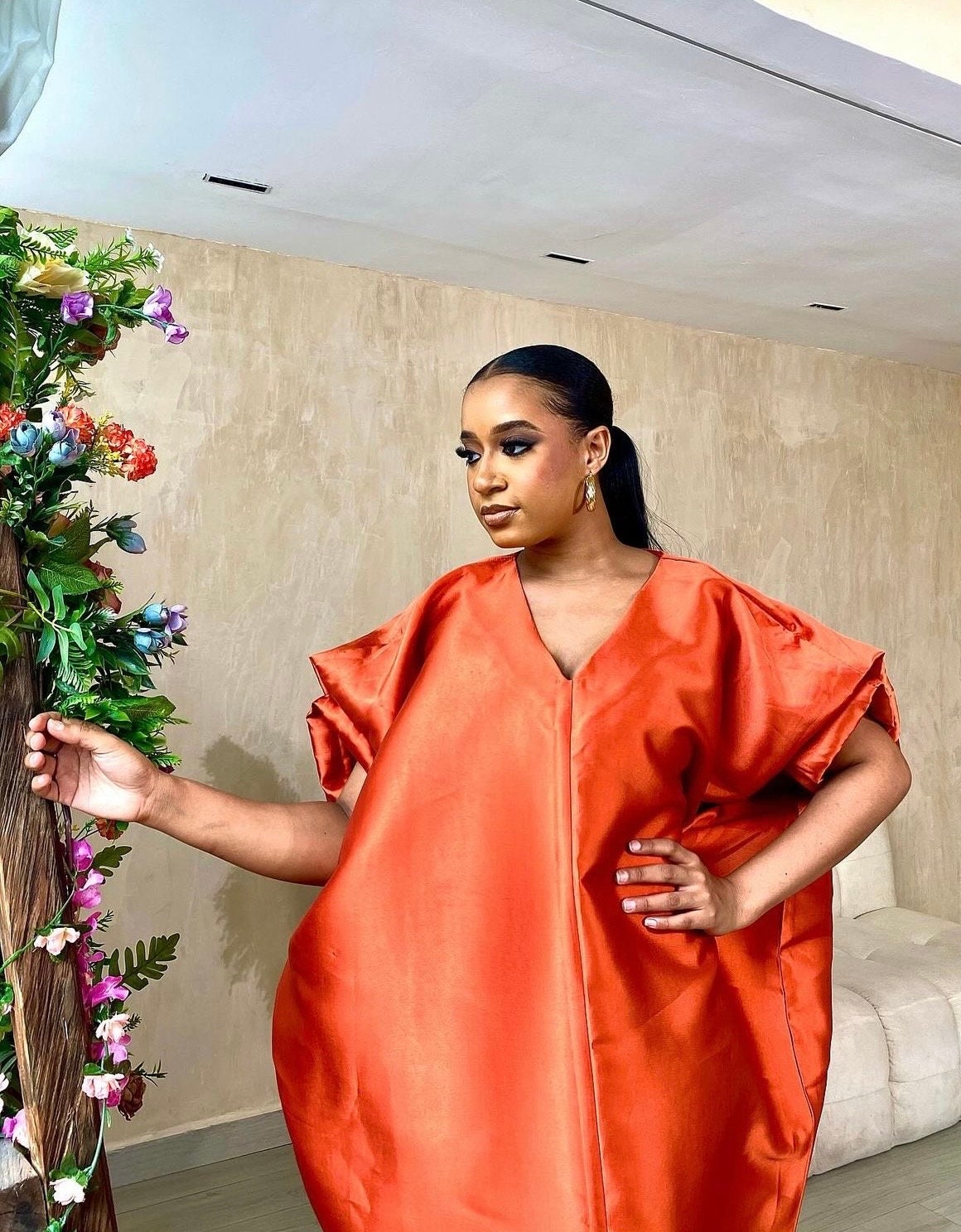 African Mikado Silk Kaftan | Burnt Orange Boubou Dress