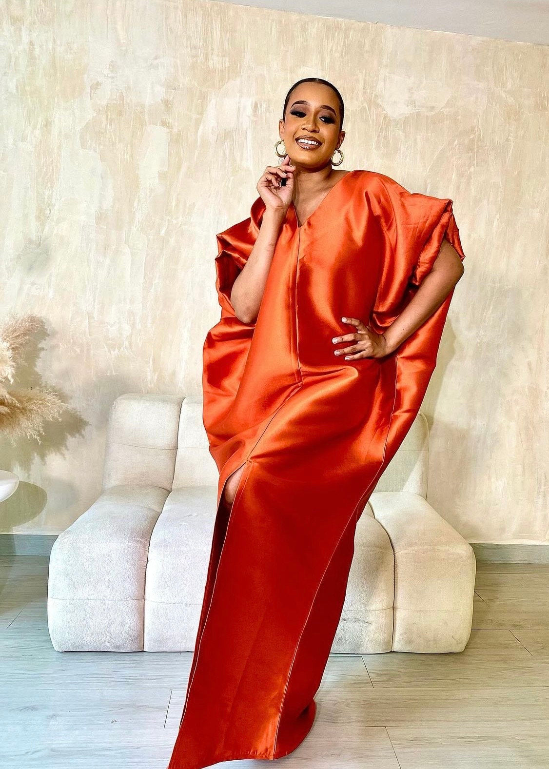 African Mikado Silk Kaftan | Burnt Orange Boubou Dress