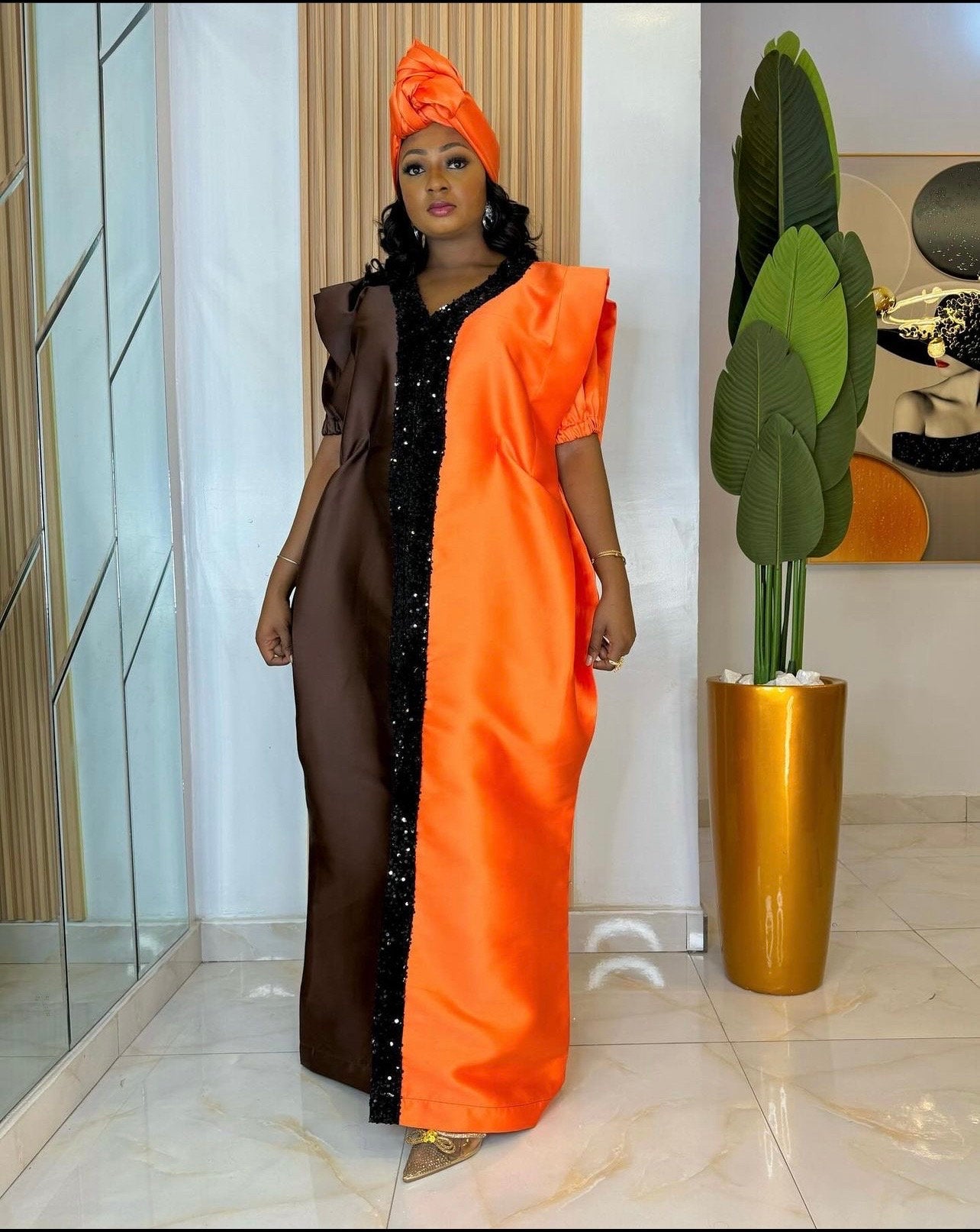 Sequin Mikado Boubou Dress | African Kaftan with Headtie
