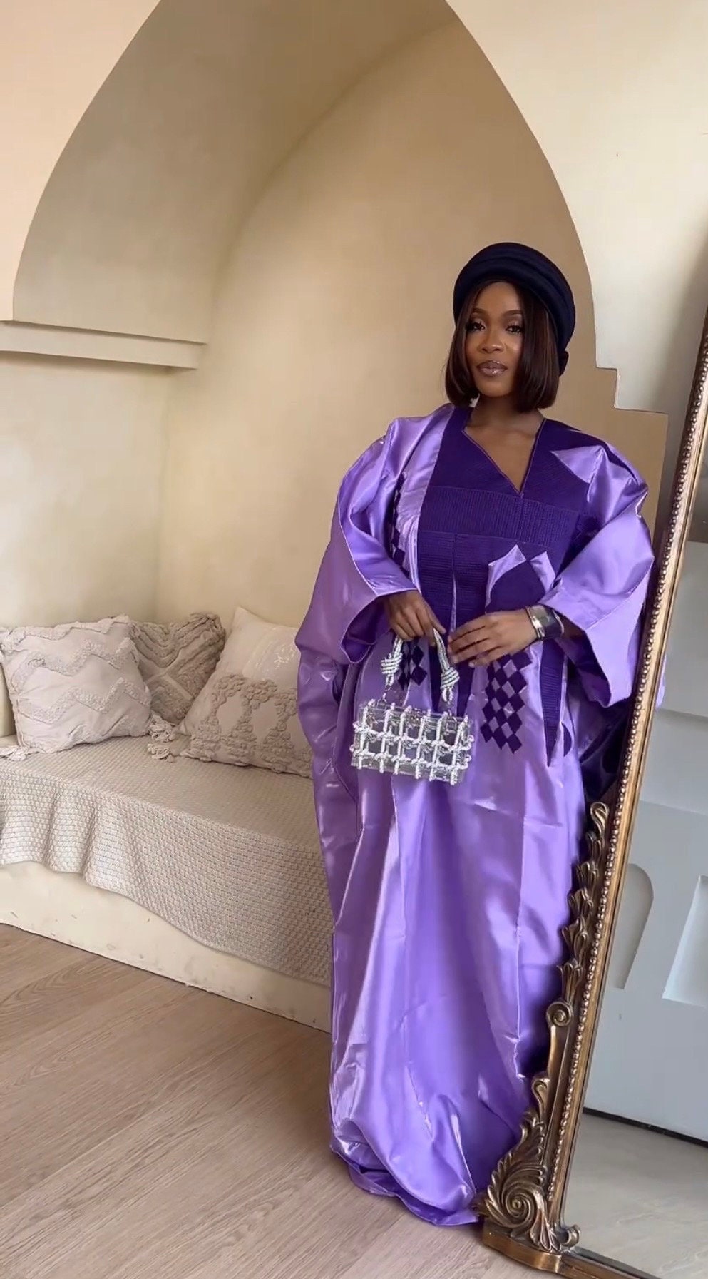 Embroidered Liquid Mikado Kaftan | African Boubou Dress with Turban