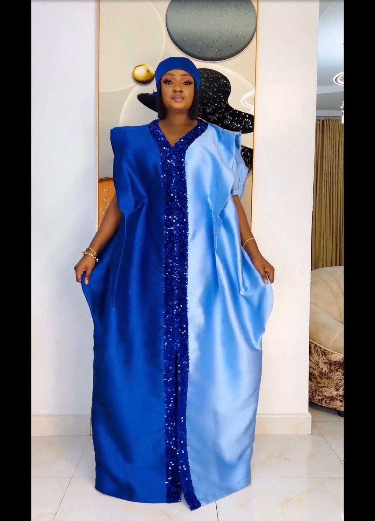 Sequin Mikado Boubou Dress | African Kaftan with Headtie