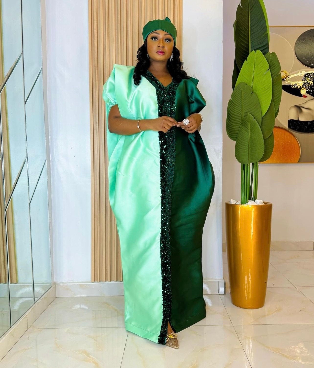 Sequin Mikado Boubou Dress | African Kaftan with Headtie