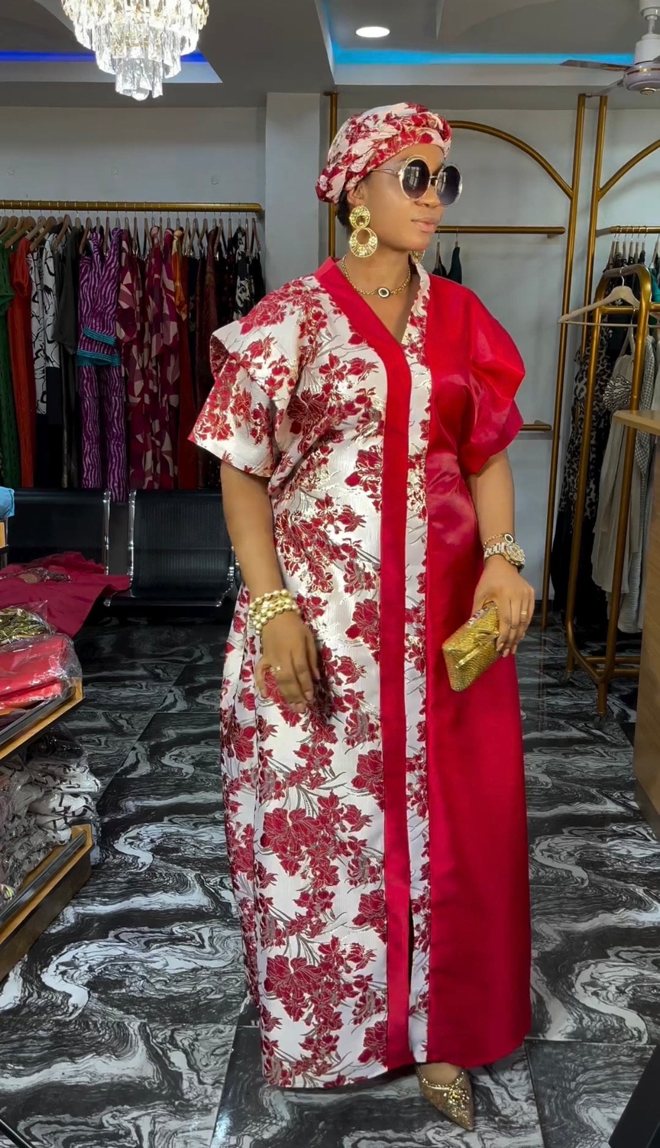 African Mikado Brocade Boubou | Kaftan Dress with Scarf