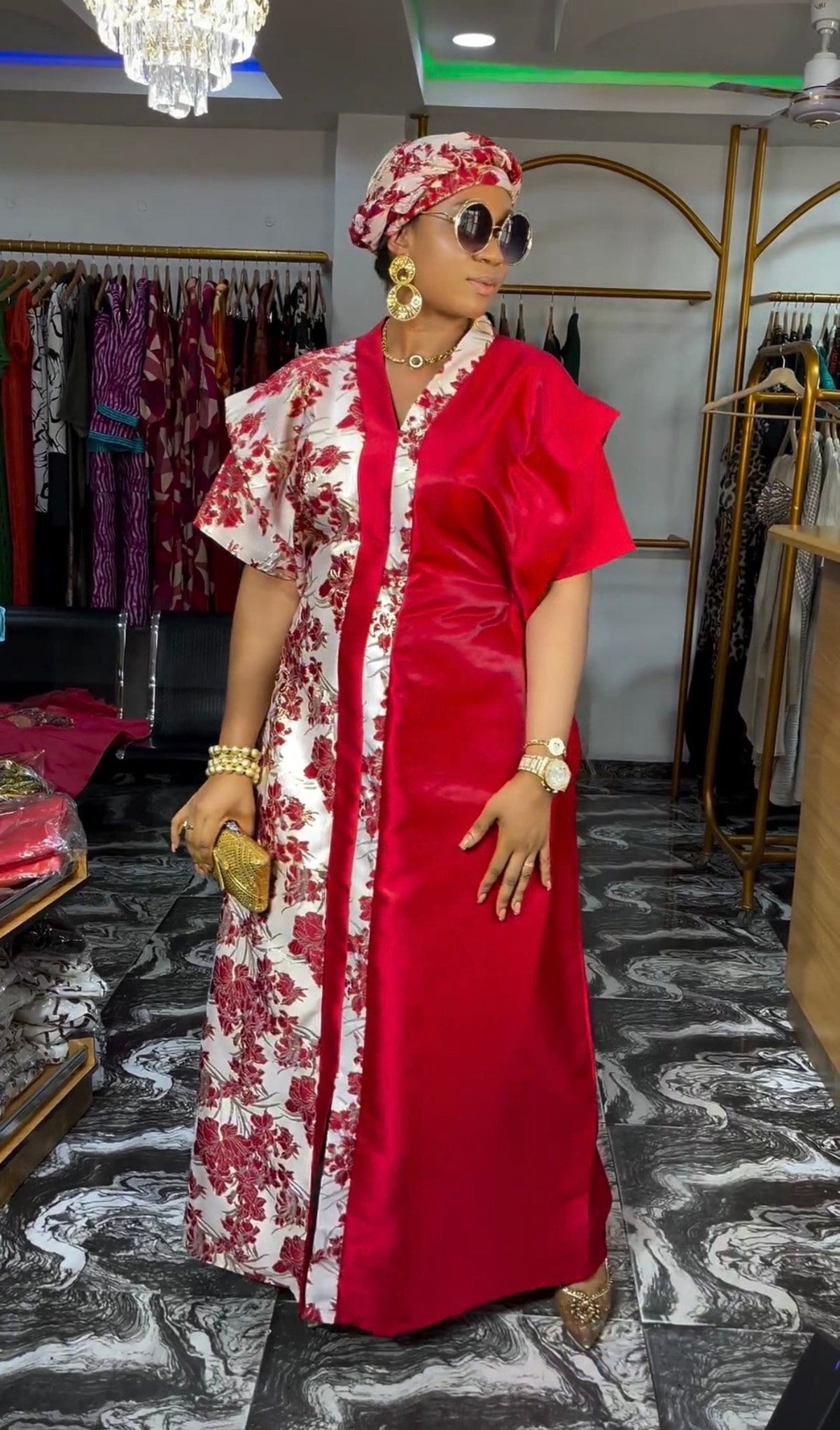African Mikado Brocade Boubou | Kaftan Dress with Scarf