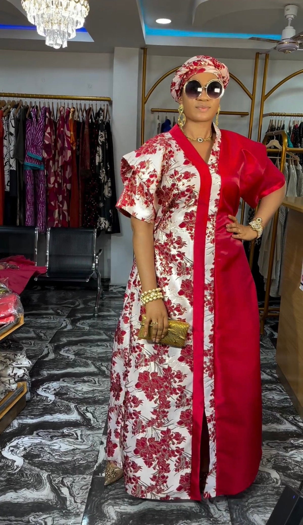 African Mikado Brocade Boubou | Kaftan Dress with Scarf