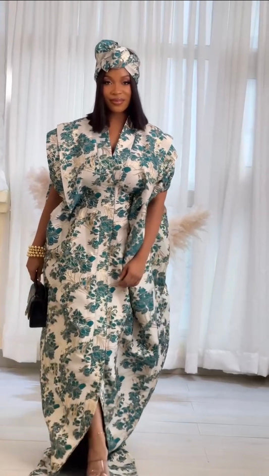 European Brocade Boubou Dress | Ankara Kaftan with Scarf