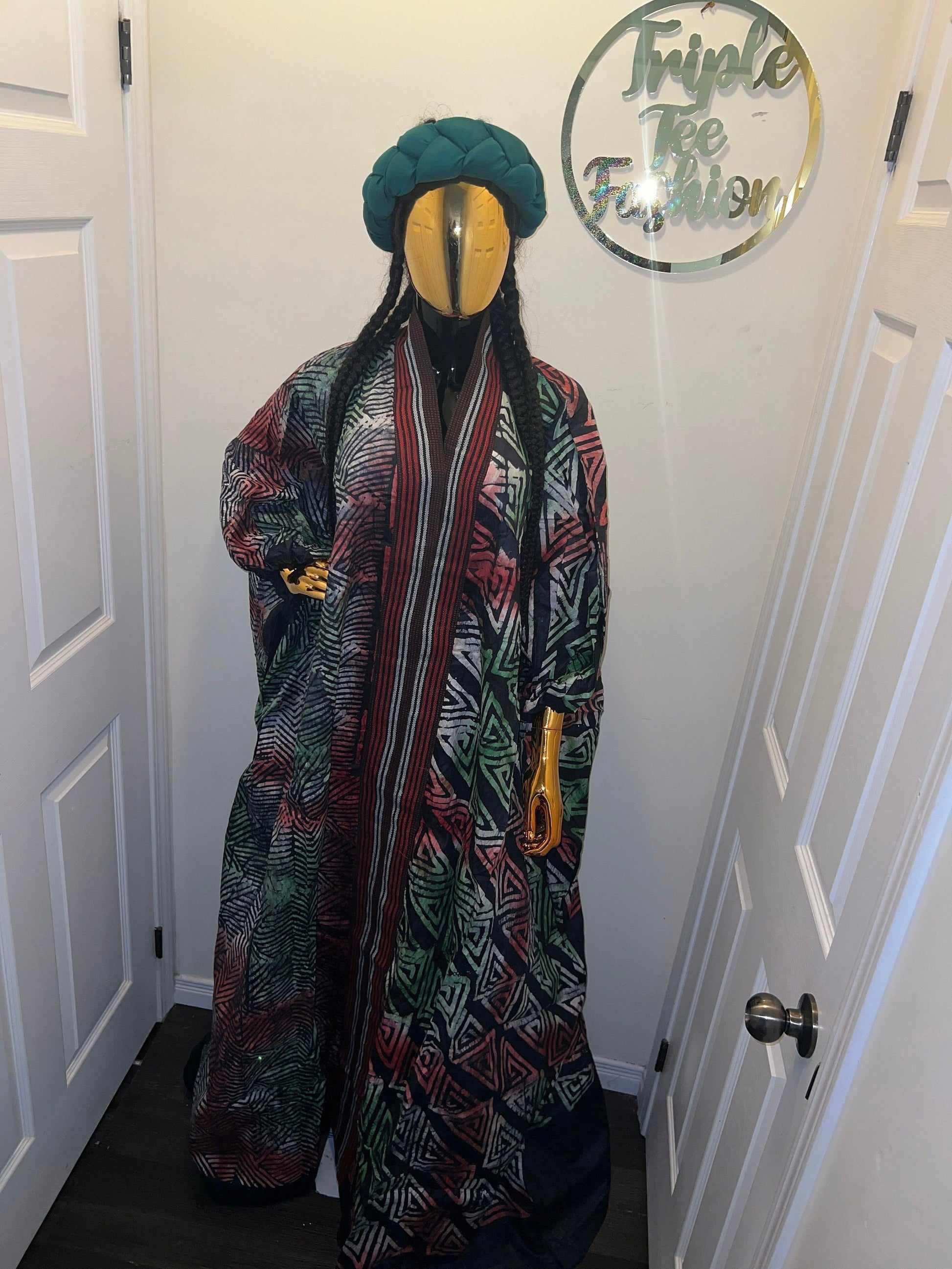Handmade African Adire Batik Boubou Dress | Matching Headband
