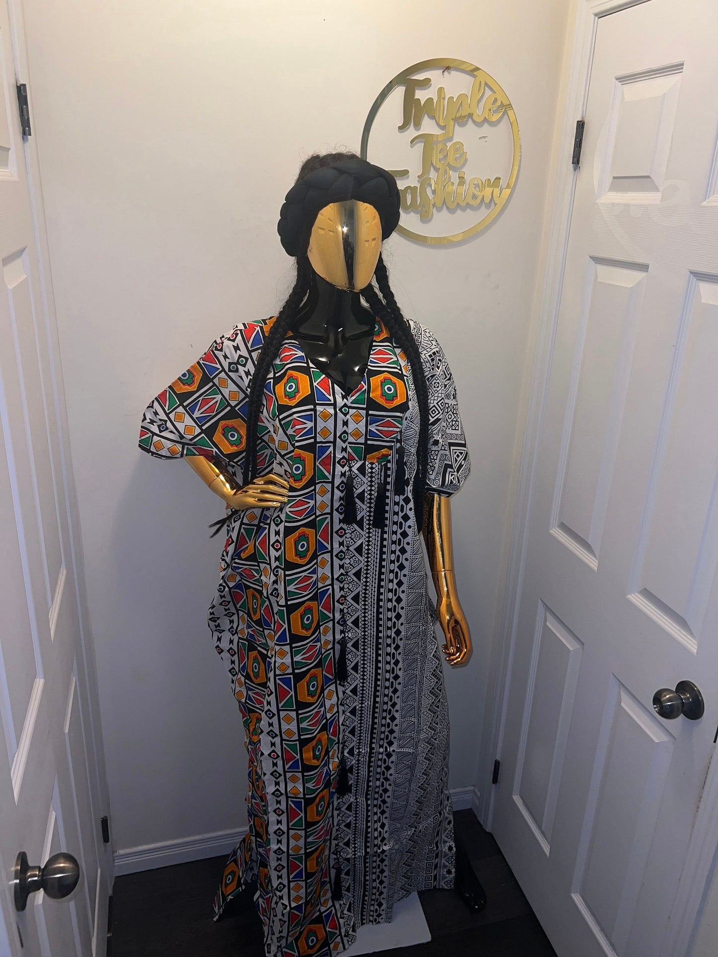 African Print Boubou Dress | Handmade Ankara Kaftan with Headband