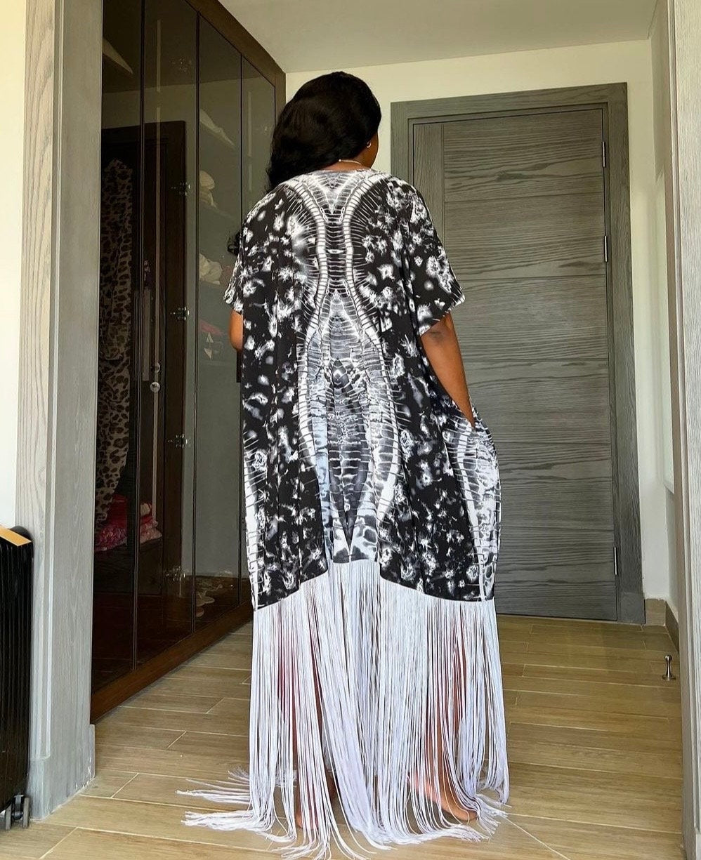 African Adire Fringe Boubou Dress| Rich Aunty Vibes| danshiki | Kaftan| African print dress | Nigerian made | Wedding Party dress|