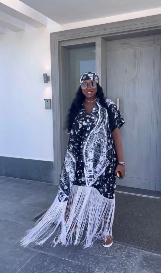 African Adire Fringe Boubou Dress| Rich Aunty Vibes| danshiki | Kaftan| African print dress | Nigerian made | Wedding Party dress|
