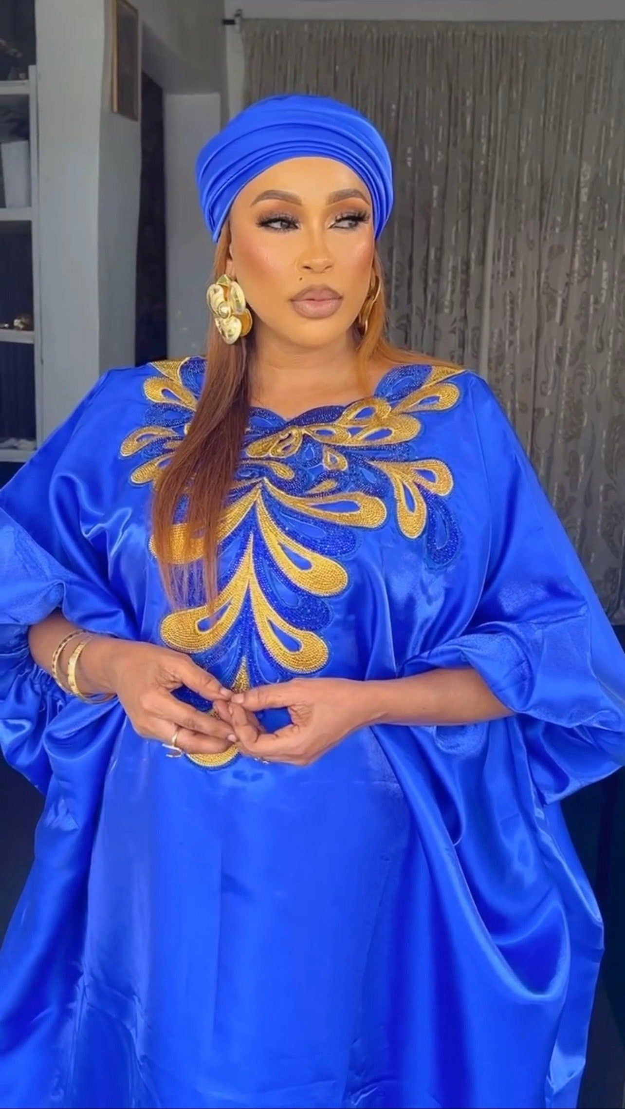 Embroidered Liquid Mikado Kaftan | Nigerian Boubou Dress with Scarf