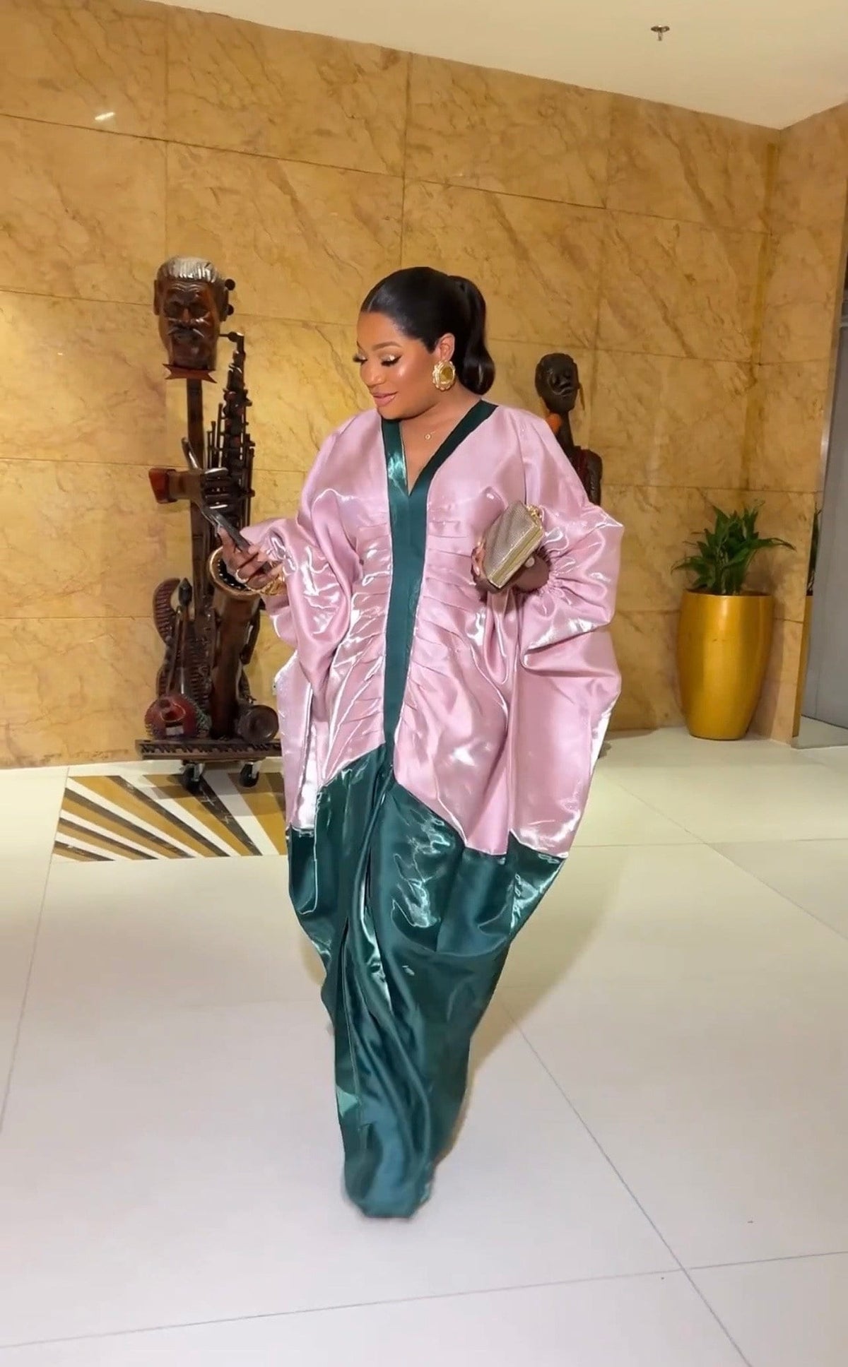 African boubou| Luxury Two-Tone Liquid Mikado Boubou – Elegant Blush Pink & Emerald Green Floor-Length Gown