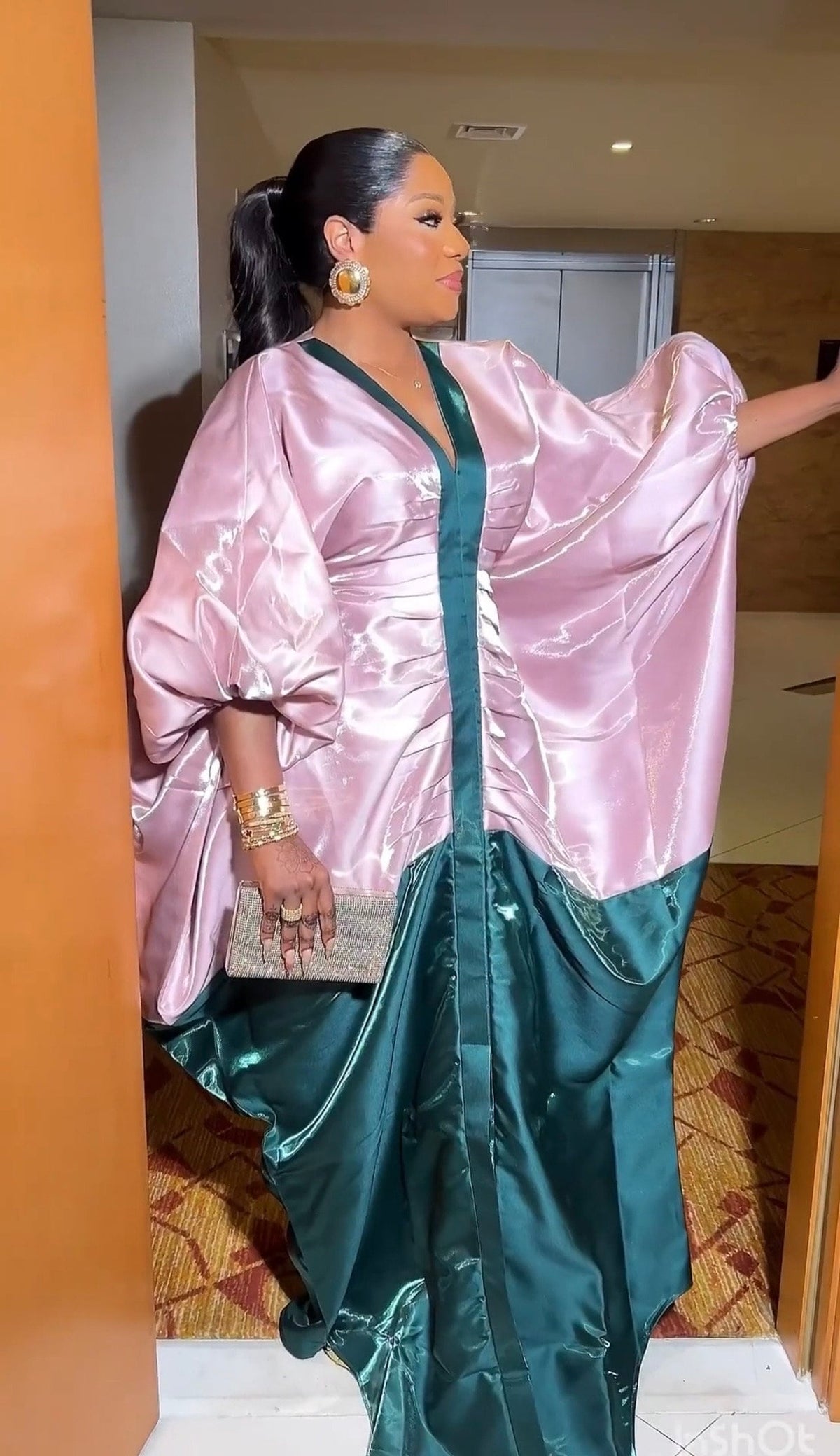 African boubou| Luxury Two-Tone Liquid Mikado Boubou – Elegant Blush Pink & Emerald Green Floor-Length Gown