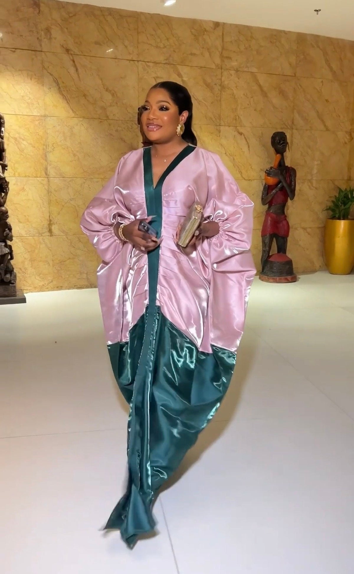 African boubou| Luxury Two-Tone Liquid Mikado Boubou – Elegant Blush Pink & Emerald Green Floor-Length Gown